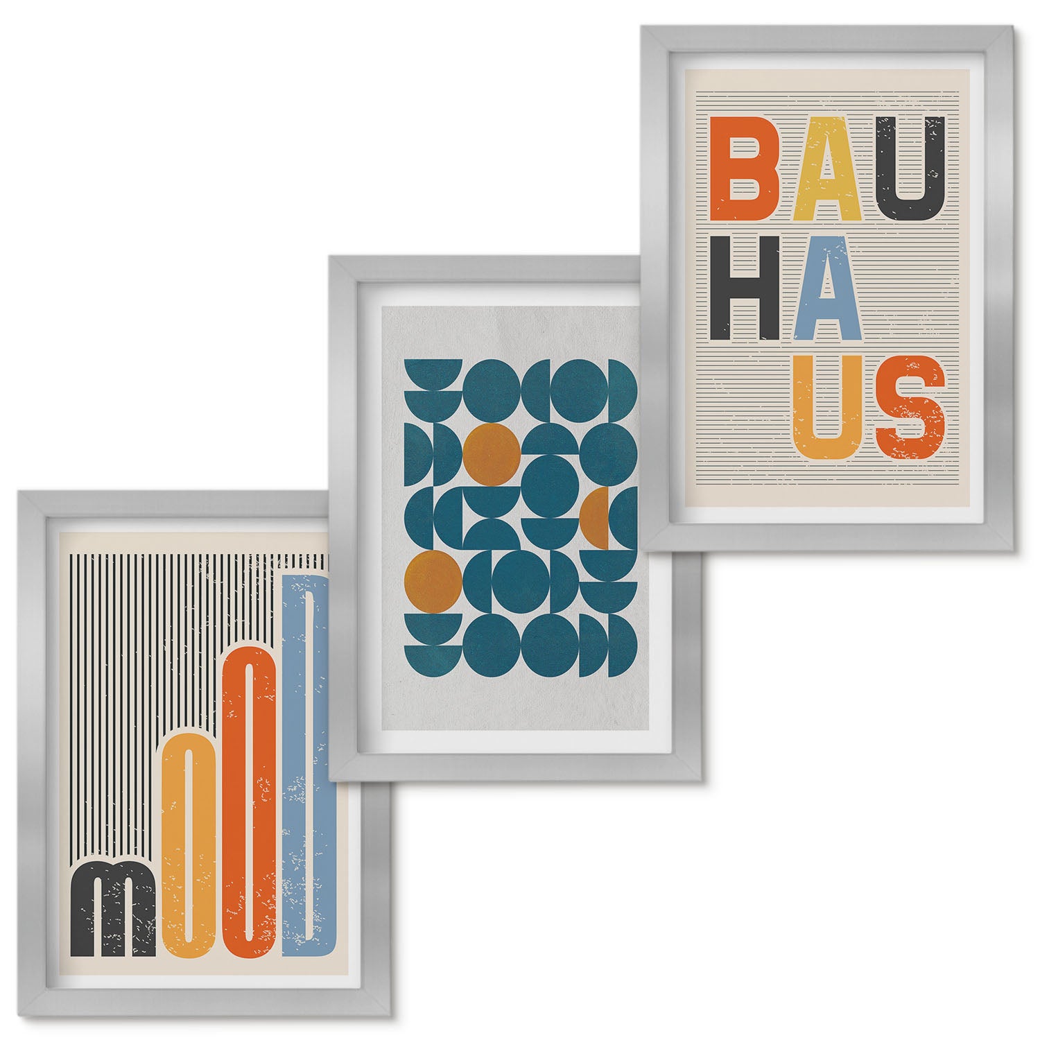 Zestaw obrazów w ramie - 3 części | Geometryczne wzory postery styl Bauhaus | Srebrna ramka