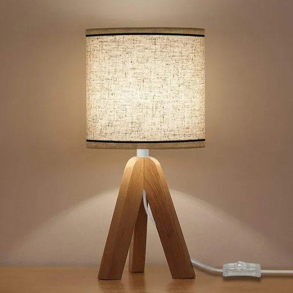 Drewniana lampka nocna na trójnogu, E27 lniany abażur, lampka nocna w stylu retro do sypialni, salonu, biura
