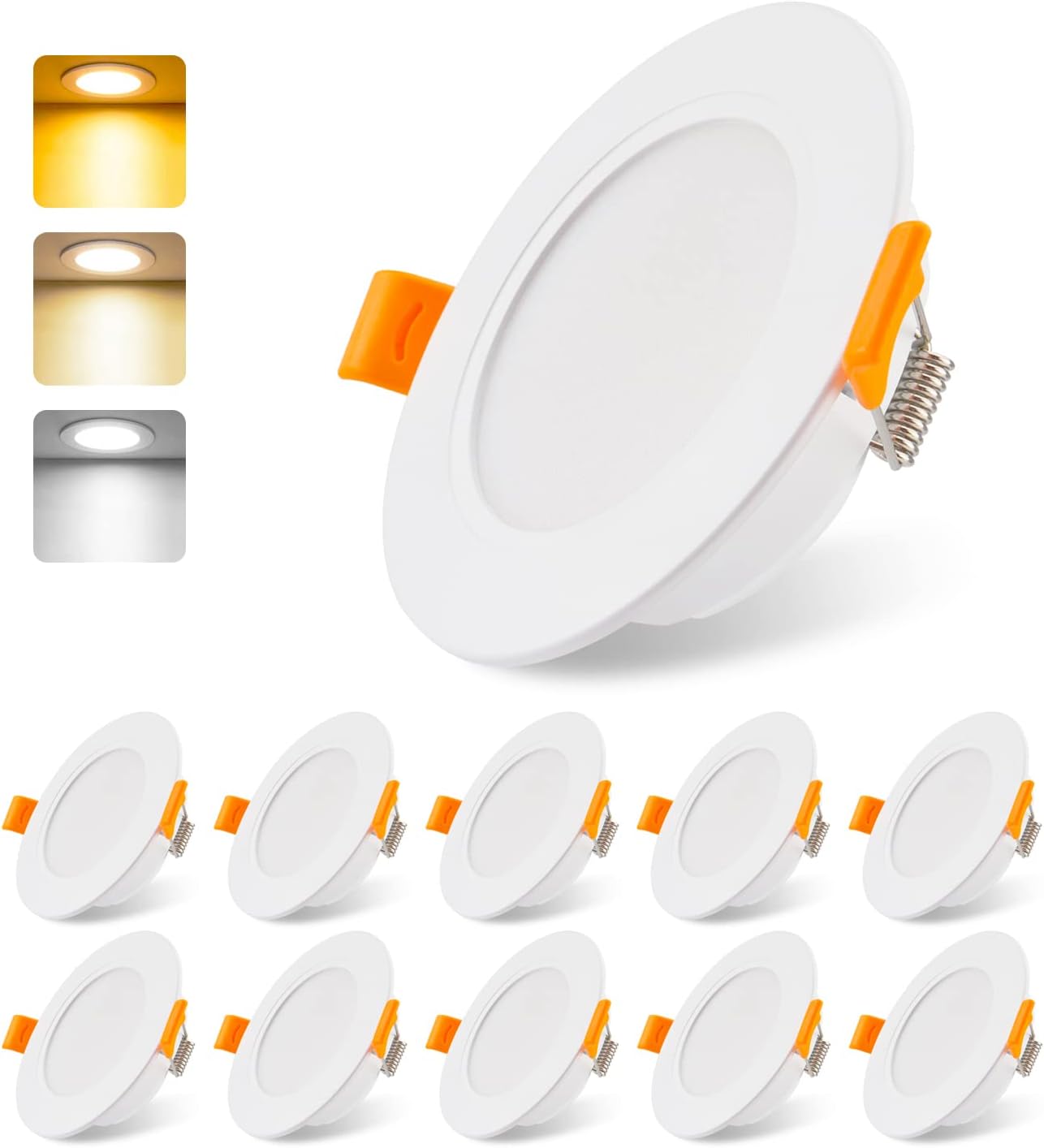 Wpuszczane reflektorki LED, 230 V, płaskie, 5 W, zestaw 10 sztuk; jasne wpuszczane oświetlenie LED do łazienki, salonu, kuchni, sypialni