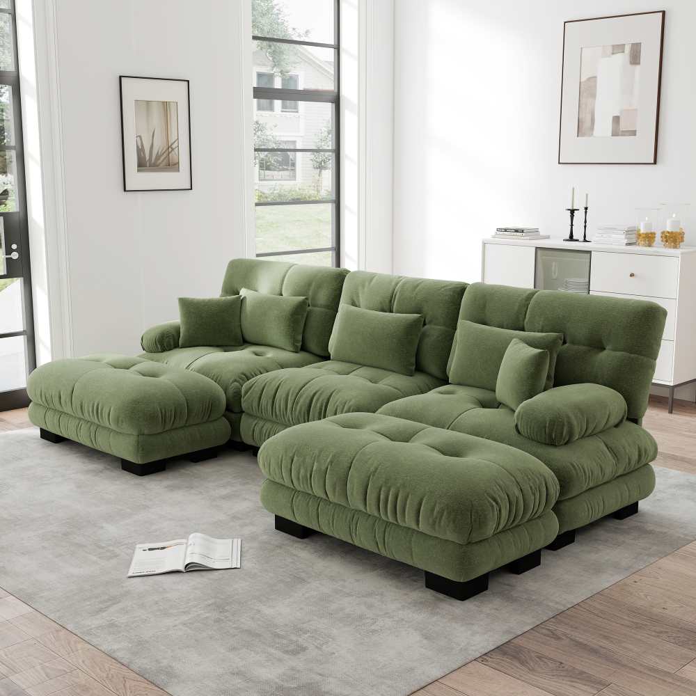 Modułowa sofa XXL w kształcie litery U z głębokim siedziskiem, rozkładana sofa narożna z mobilnym pufem w tkaninie szenilowej Cloud Comfort do salonu