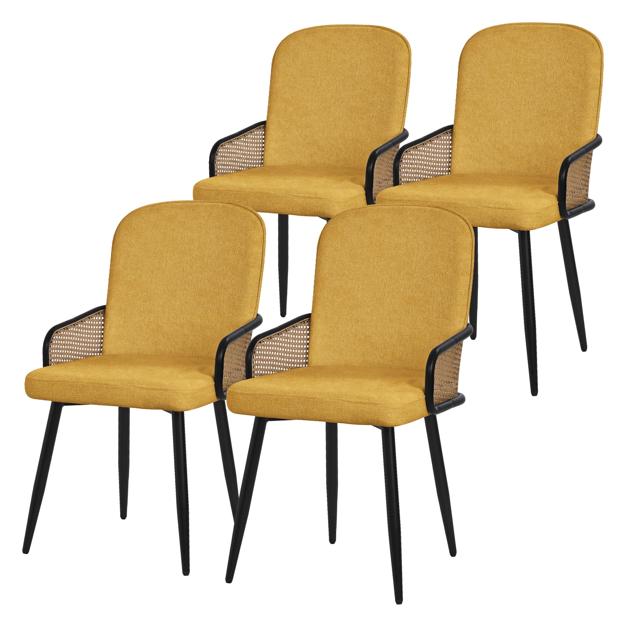 ML-Design zestaw 4 krzeseł tapicerowanych musztarda do jadalni i kuchni ergonomiczne z podłokietnikami imitacja rattanu metalowe nogi komfortowe