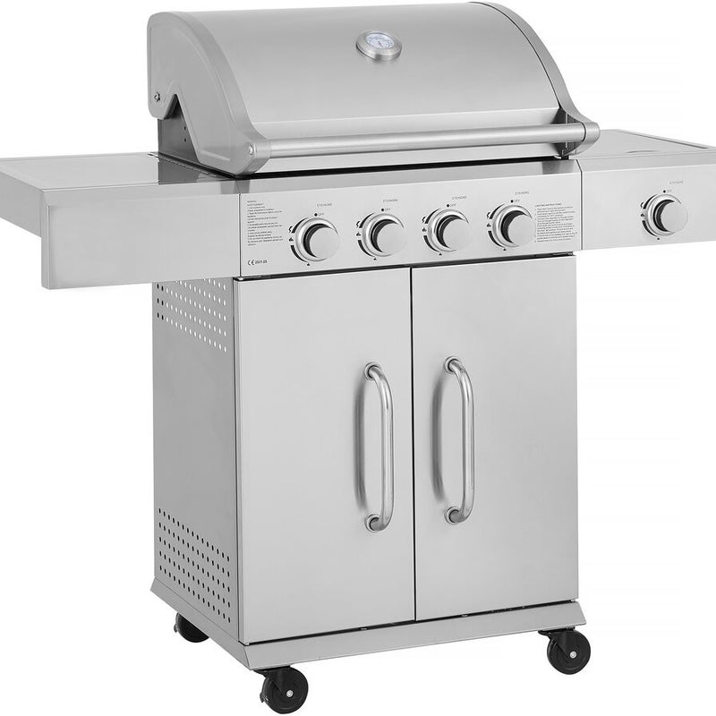 Grill gazowy ze stali nierdzewnej z 5 palnikami, w tym 1 bocznym "Brazzo" – 118 x 57 x 104 cm – jasnoszary