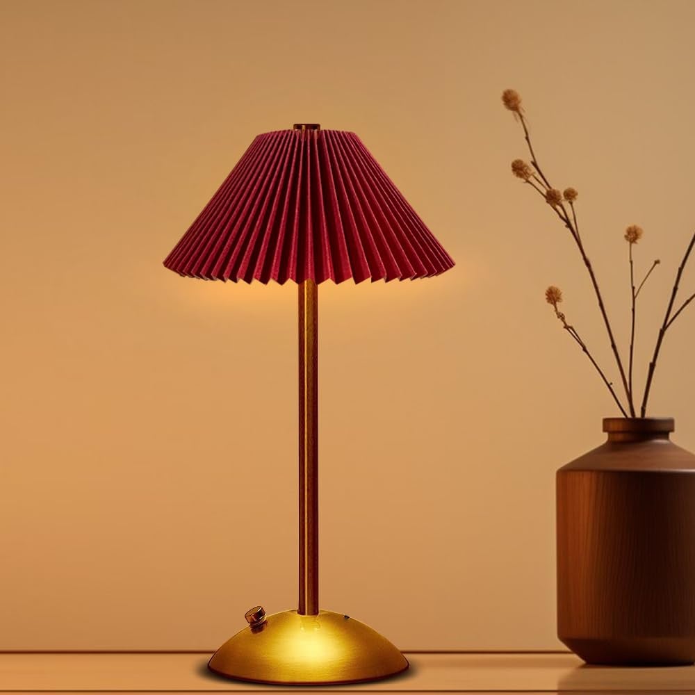 Lampa nastrojowa z plisowanym kloszem w stylu skandynawskim, lampka nocna, ładowanie USB, 3 kolory światła, do dekoracji wnętrz - Czerwony