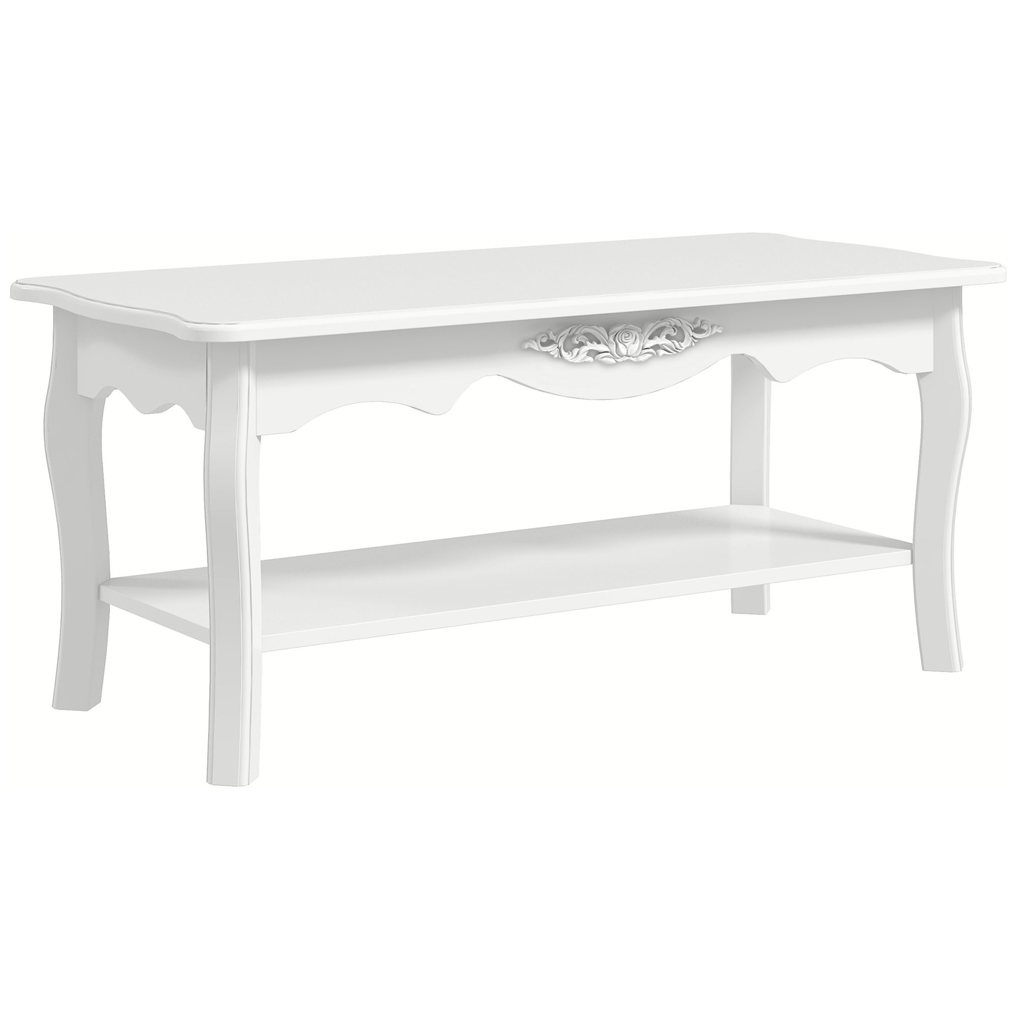 Stolik kawowy z dużą dolną półką z drewna, 94 x 44 x 43 cm, biały