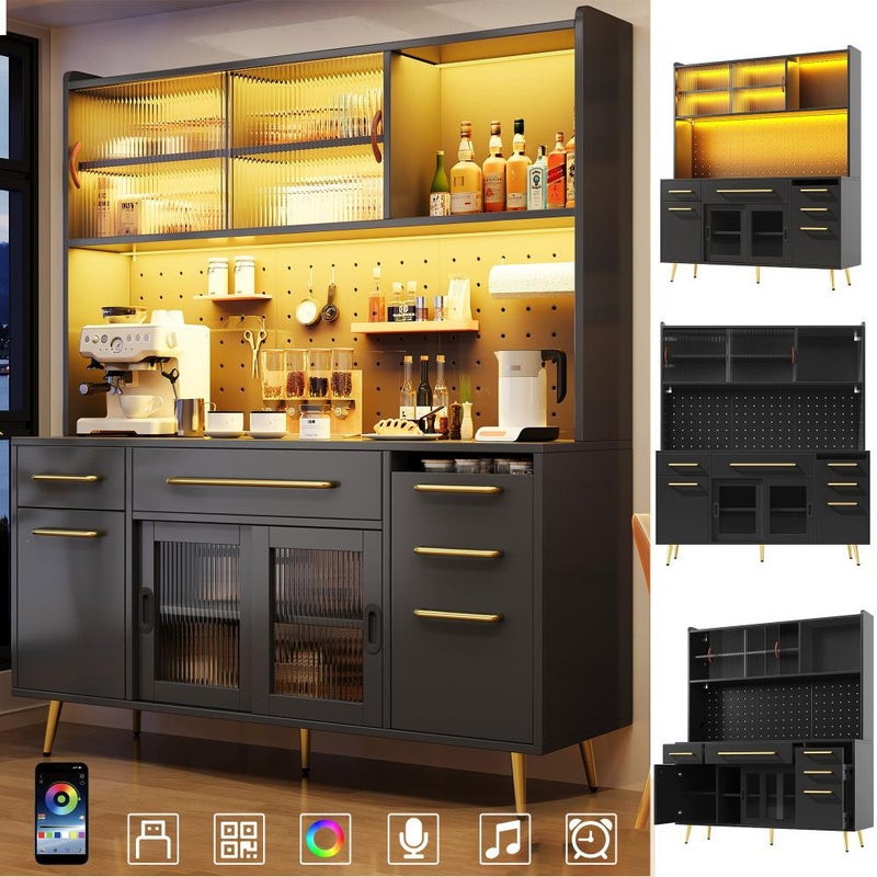 Modernes Sideboard mit LED-Beleuchtung, Hochschrank für Küche & Wohnzimmer, Aufbewahrungsschrank mit Lochwand, Schubladen & Glastür