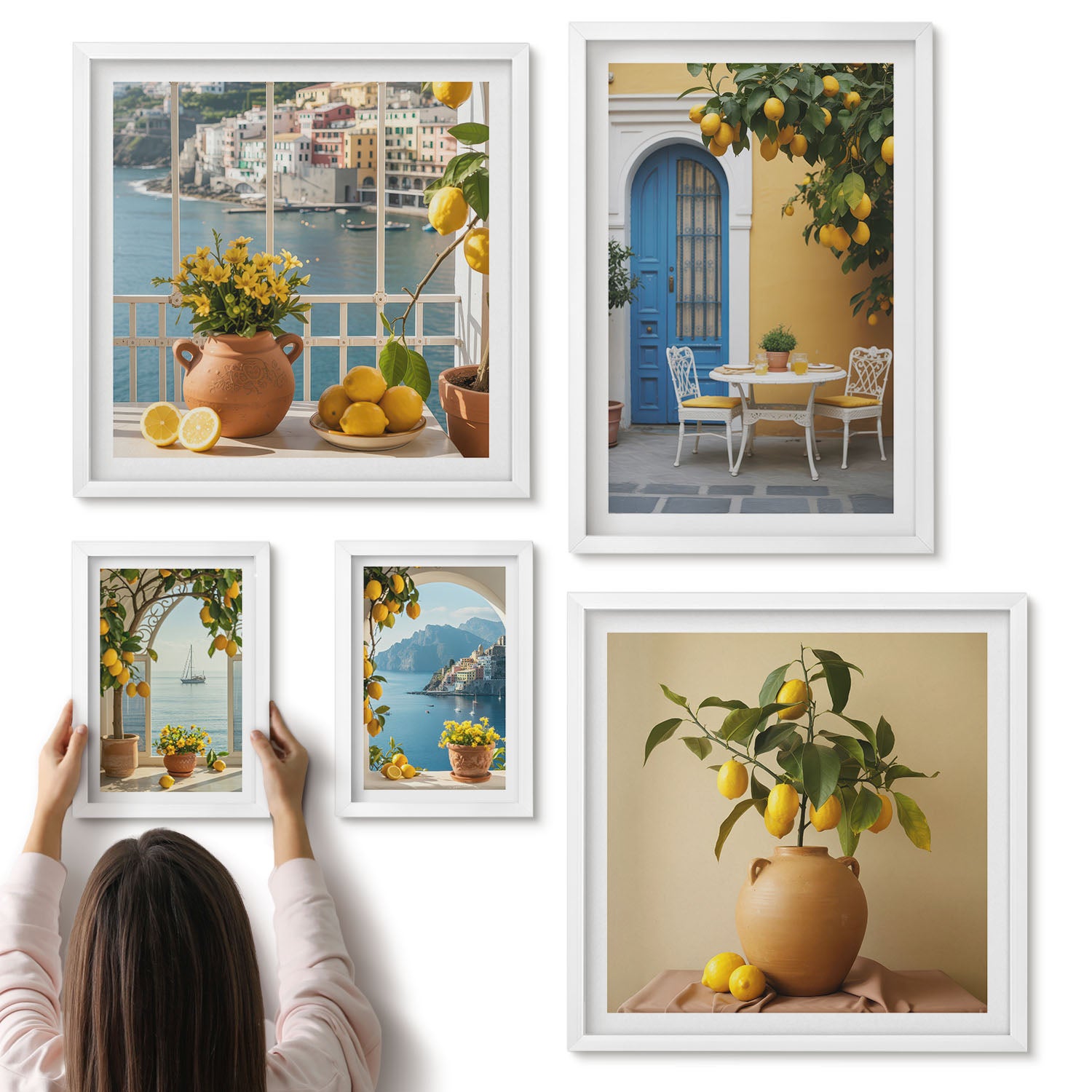 Galeria ścienna 5-częściowy komplet obrazów w białych ramach - Cytrynowe inspiracje w słonecznym stylu śródziemnomorskim - ArtPrintCave