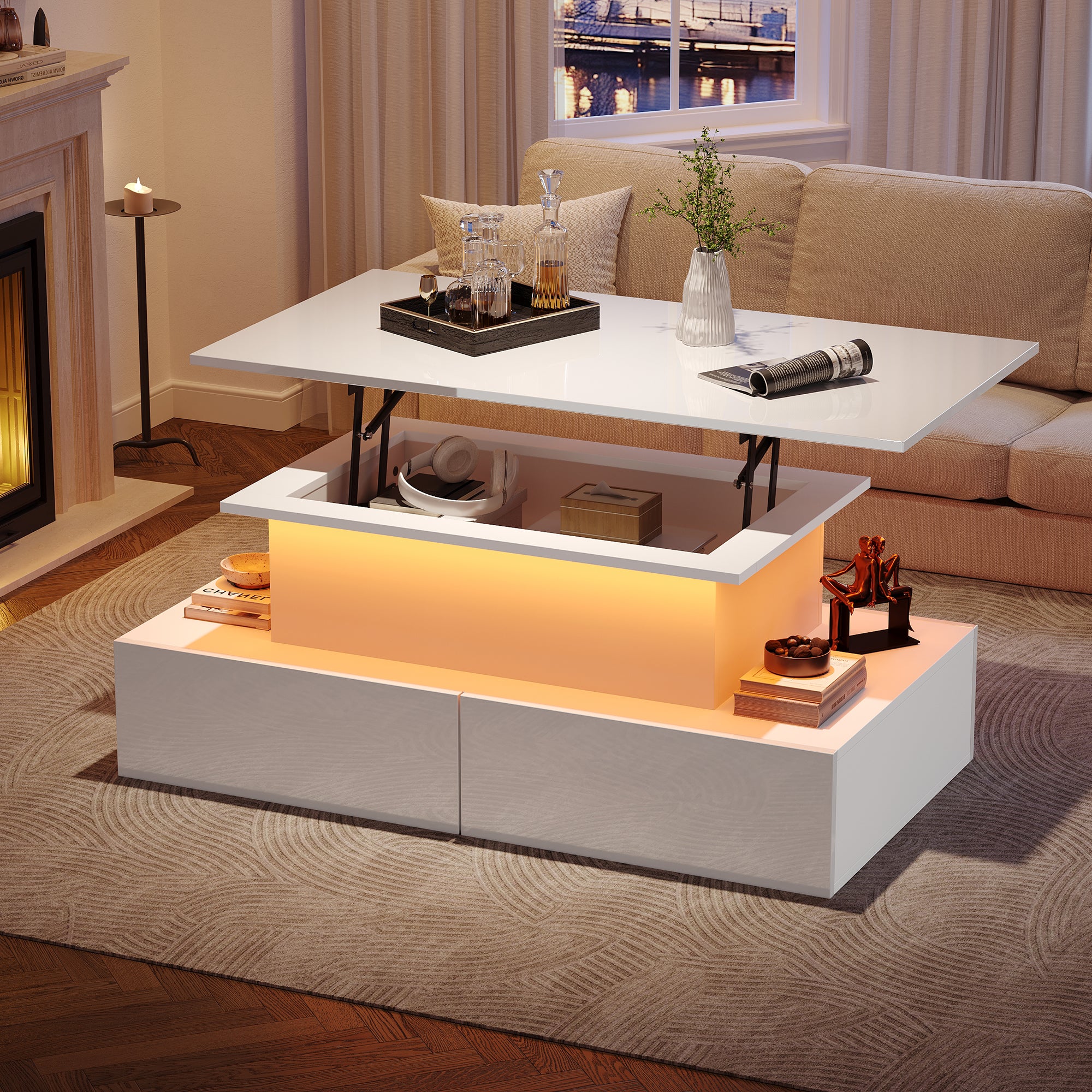 Stolik kawowy z podnoszonym blatem, diodami LED i 4 szufladami – 90 x 55 x 41 cm – Płyta wiórowa – Biały