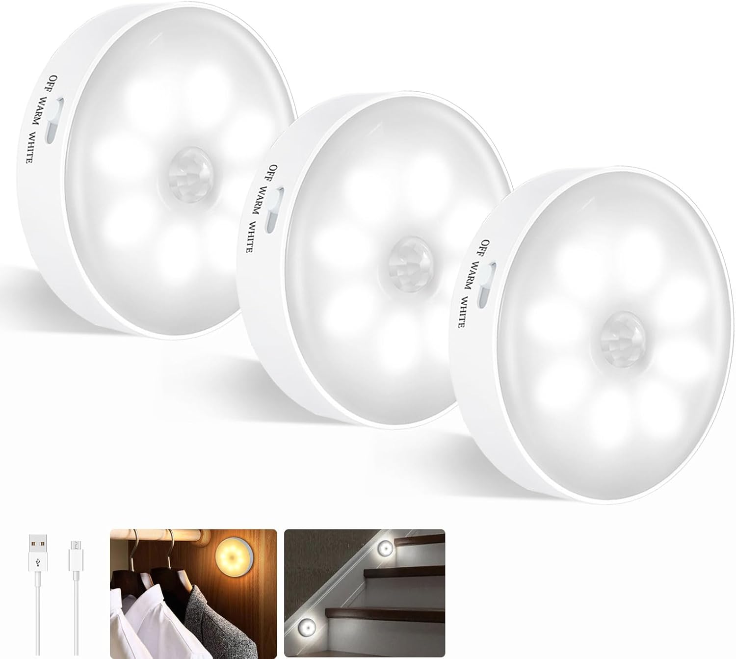Automatyczna lampka nocna LED z akumulatorem USB, bezprzewodowa lampa do użytku wewnątrz pomieszczeń z czujnikiem ruchu, ciepła biel/zimna biel, l