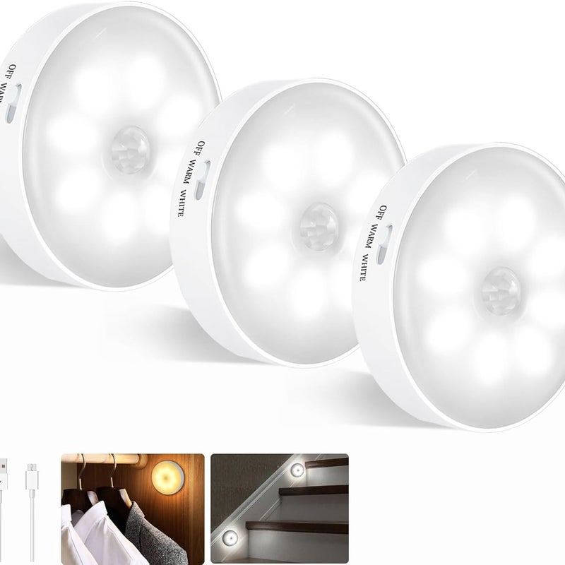 Automatyczna lampka nocna LED z akumulatorem USB, bezprzewodowa lampa do użytku wewnątrz pomieszczeń z czujnikiem ruchu, ciepła biel/zimna biel, l