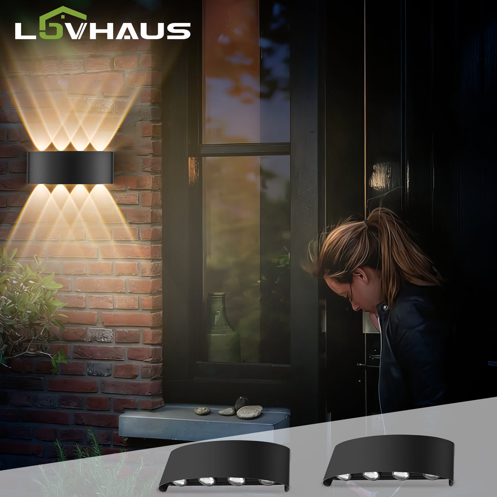 Kinkiet LED do wnętrz/na zewnątrz z podłączeniem elektrycznym, Lampa łazienkowa, Czarny, Aluminium, IP65, 640LM, 3000K, Zestaw 2 szt., LOVHAUS
