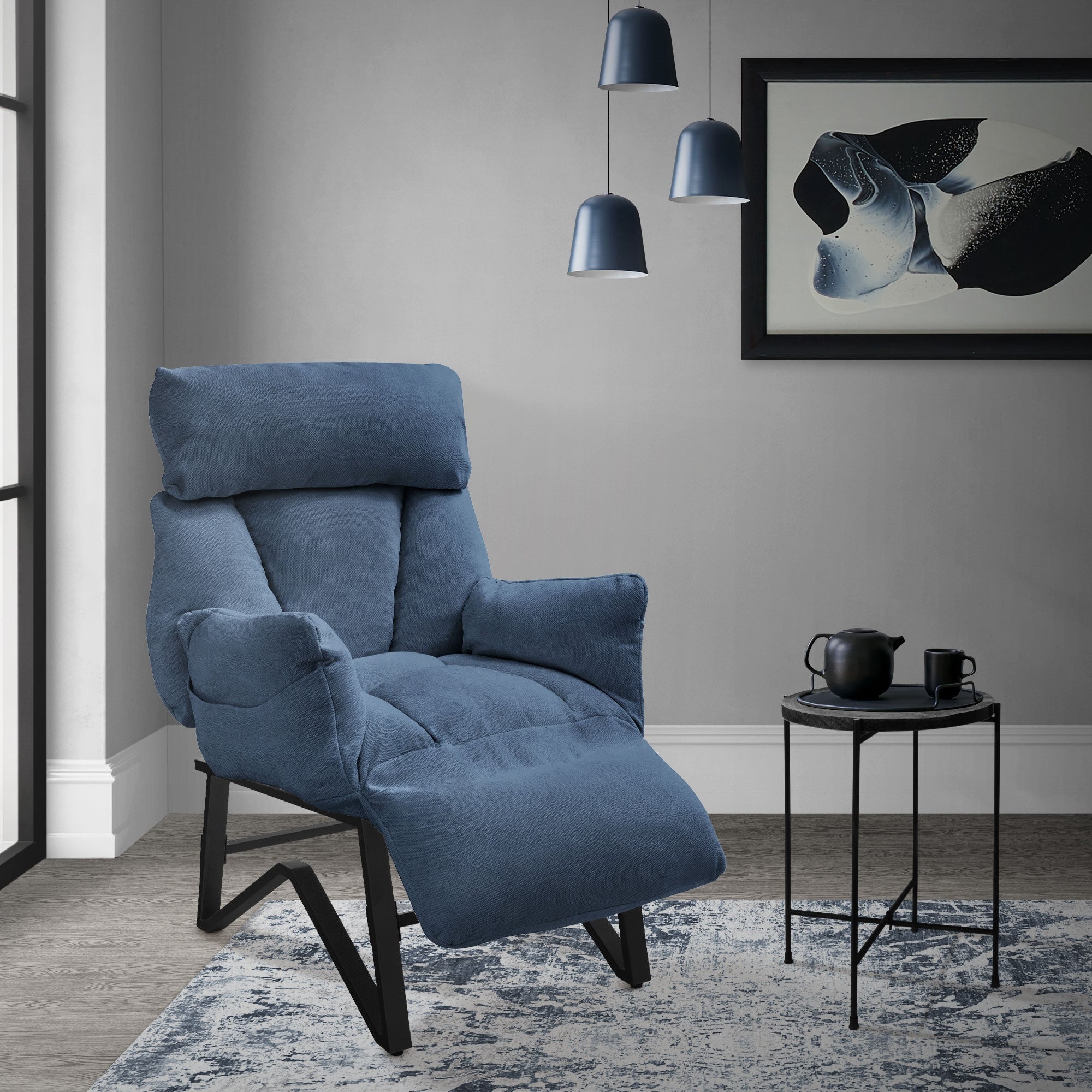 ML-Design Fotel relaksacyjny niebieski regulowany tapicerowany lnu wygodny do salonu fotel czytania z podłokietnikami podnóżkiem boczne kieszenie