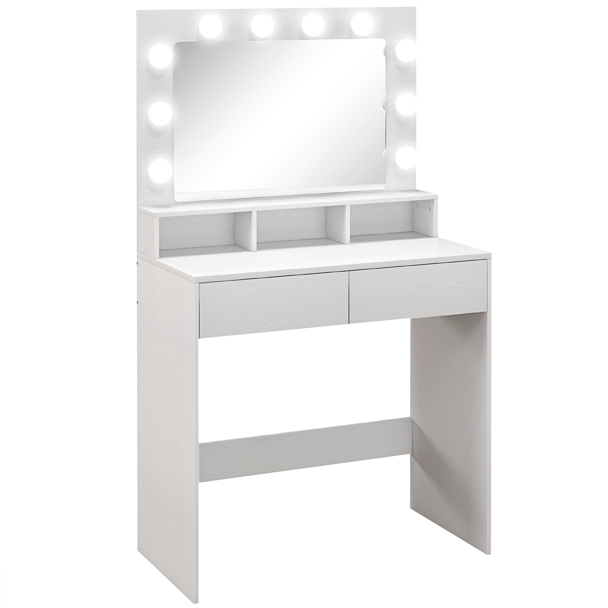 Toaletka z lustrem i 10 regulowanymi diodami LED, 2 szufladami i 3 przegródkami, 80x40x135 cm, biała