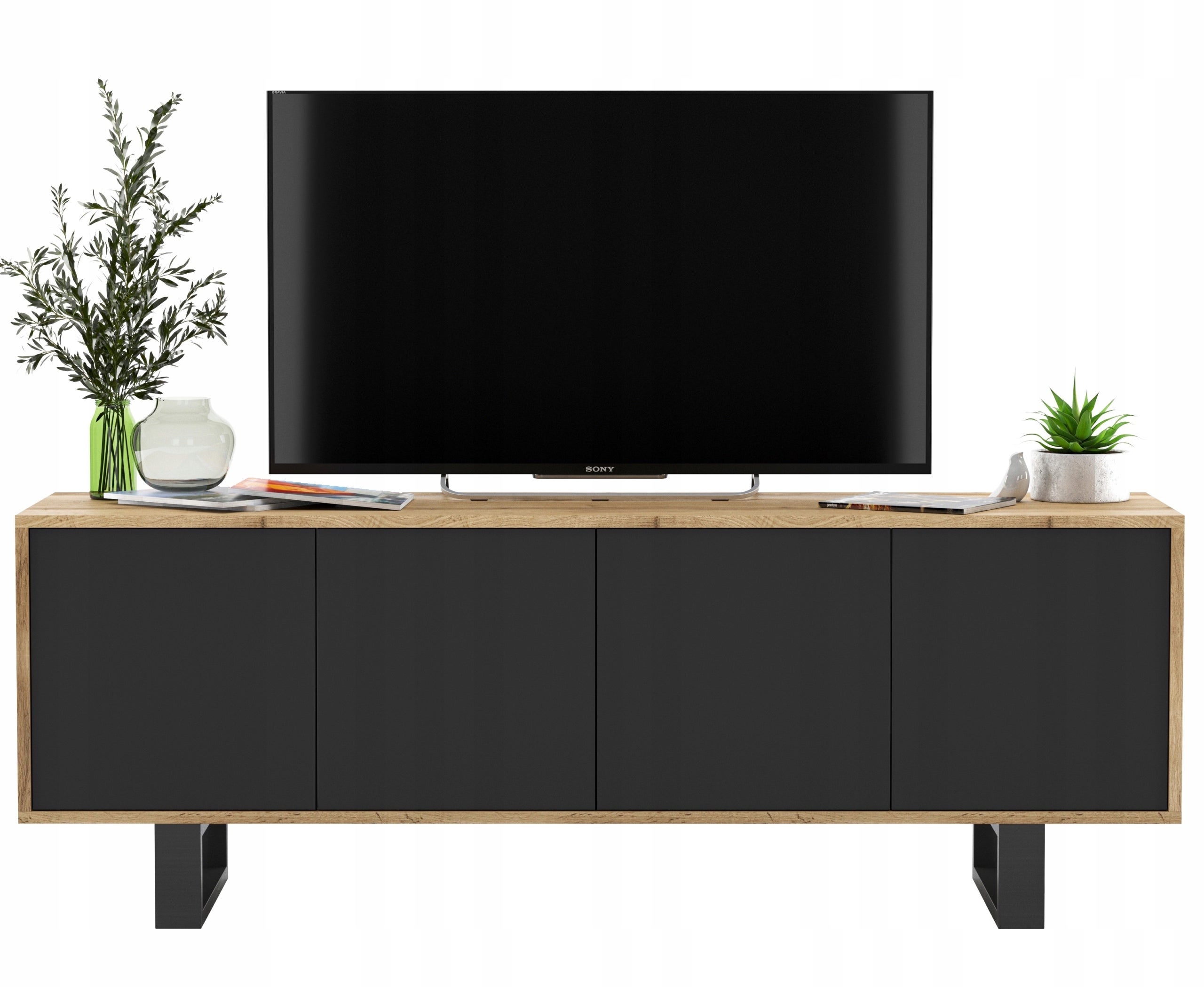 Nowoczesna szafka RTV Loft 150 cm dąb wotan czarny mat, komoda pod telewizor do salonu