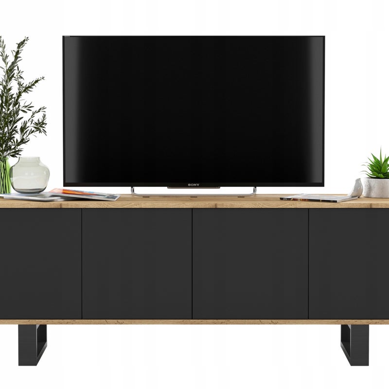 Nowoczesna szafka RTV Loft 150 cm dąb wotan czarny mat, komoda pod telewizor do salonu