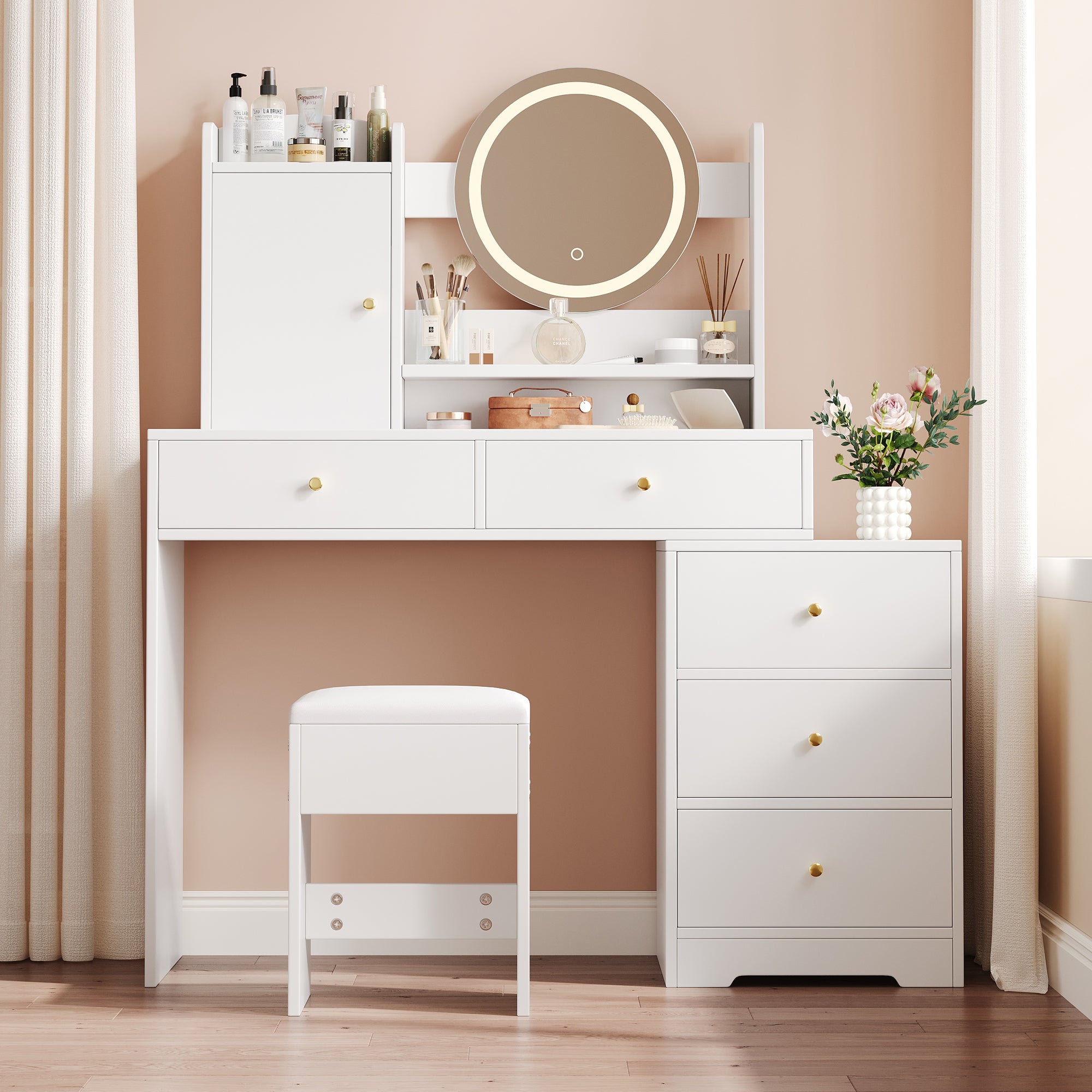 Toaletka z regulowanym lustrem LED, 1 drzwiami i 5 szufladami - 90 x 132 x 40 cm - MDF - Biała