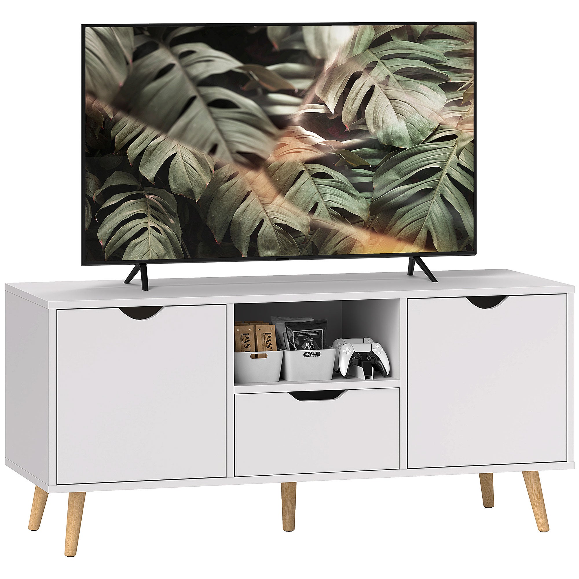 Stojak pod telewizor do 50 cali z szufladą, otwartą półką i szafkami, 110x40x50 cm, biały i drewniany