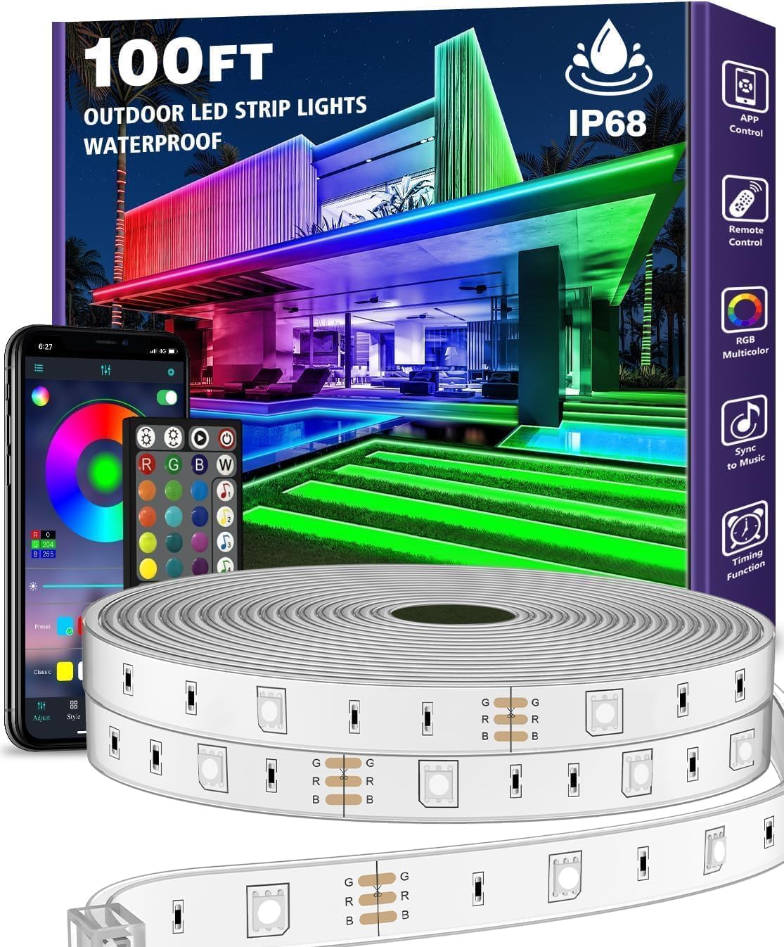 (30M) Taśma LED do użytku na zewnątrz, wodoodporna IP67, Taśma oświetleniowa LED do użytku na zewnątrz, wodoodporna, z pilotem APP, synchronizacją mu