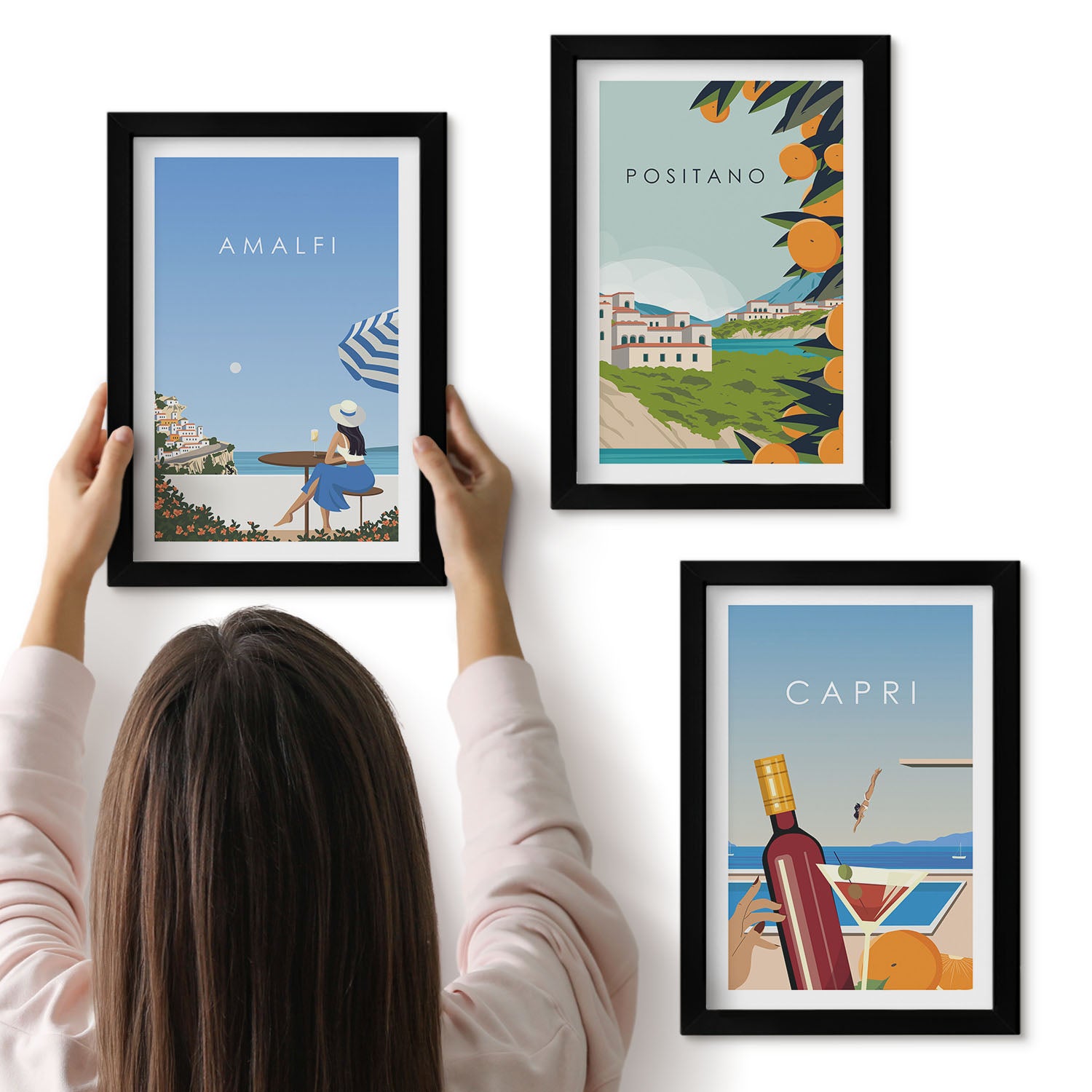 Galeria ścienna 3-częściowy komplet obrazów w czarnych ramach - Wakacyjne widoki Amalfi Positano i Capri - ArtPrintCave