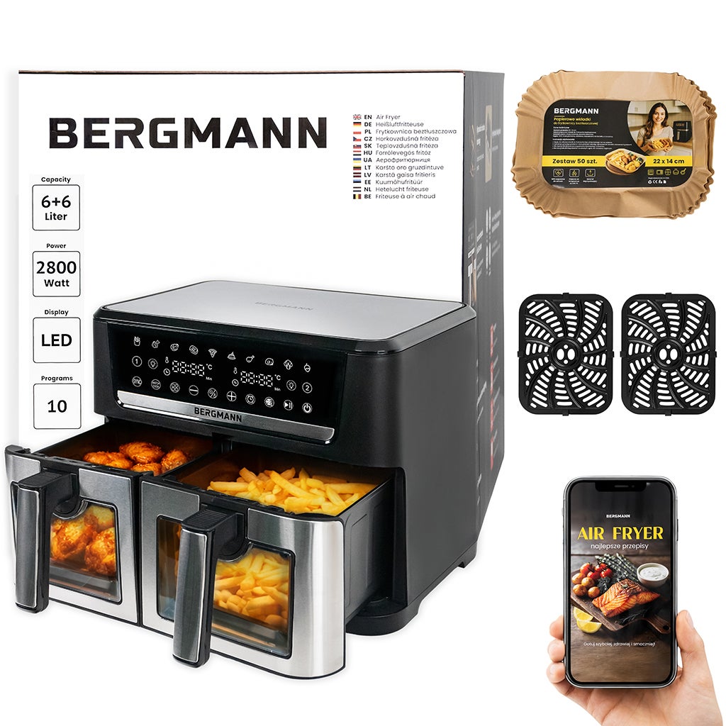 Frytkownica beztłuszczowa BERGMANN YO 2 komory poziome 6l+6L 2800W N