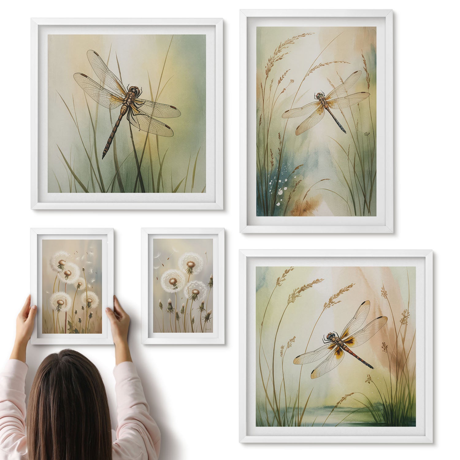 Galeria ścienna 5-częściowy komplet obrazów w białych ramach - Motywy przyrody z ważkami i dmuchawcami w stylu boho - ArtPrintCave