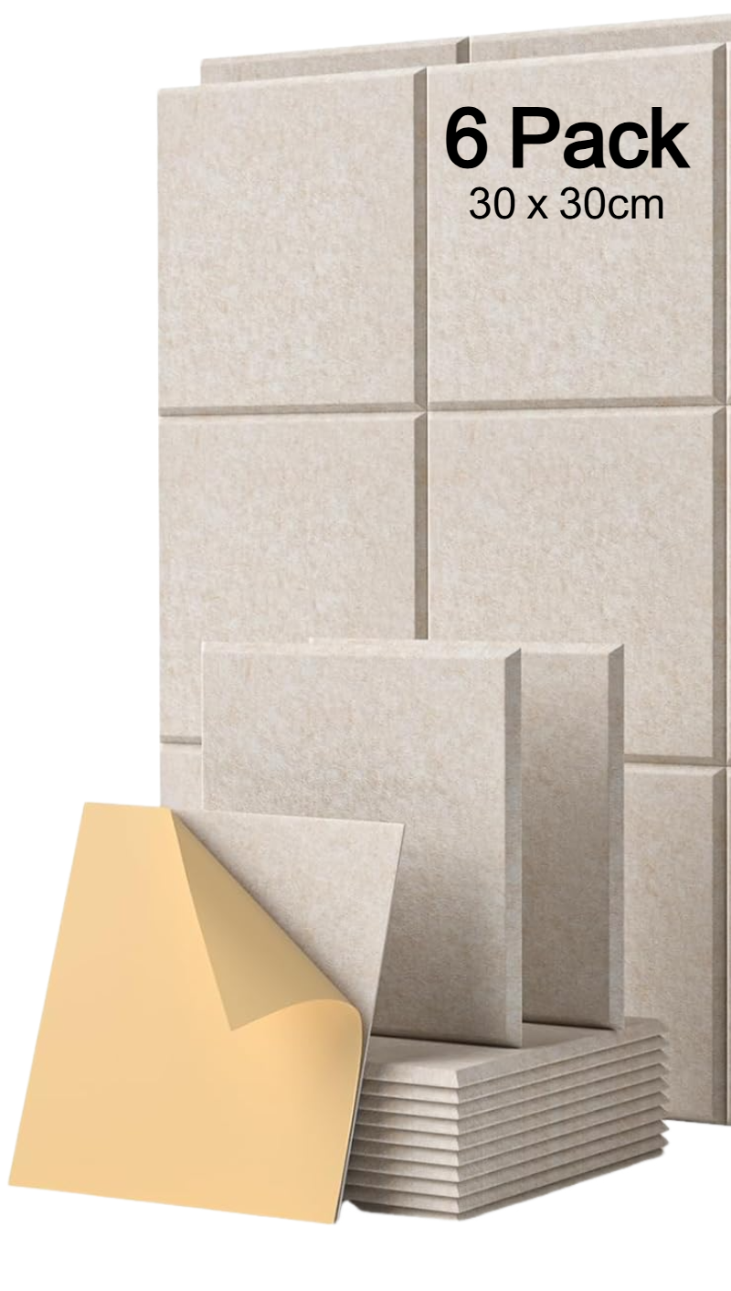 Zestaw 6 samoprzylepnych kwadratowych paneli akustycznych - Absorber hałasu - Wysoka gęstość - 30 x 30 x 0,9 cm