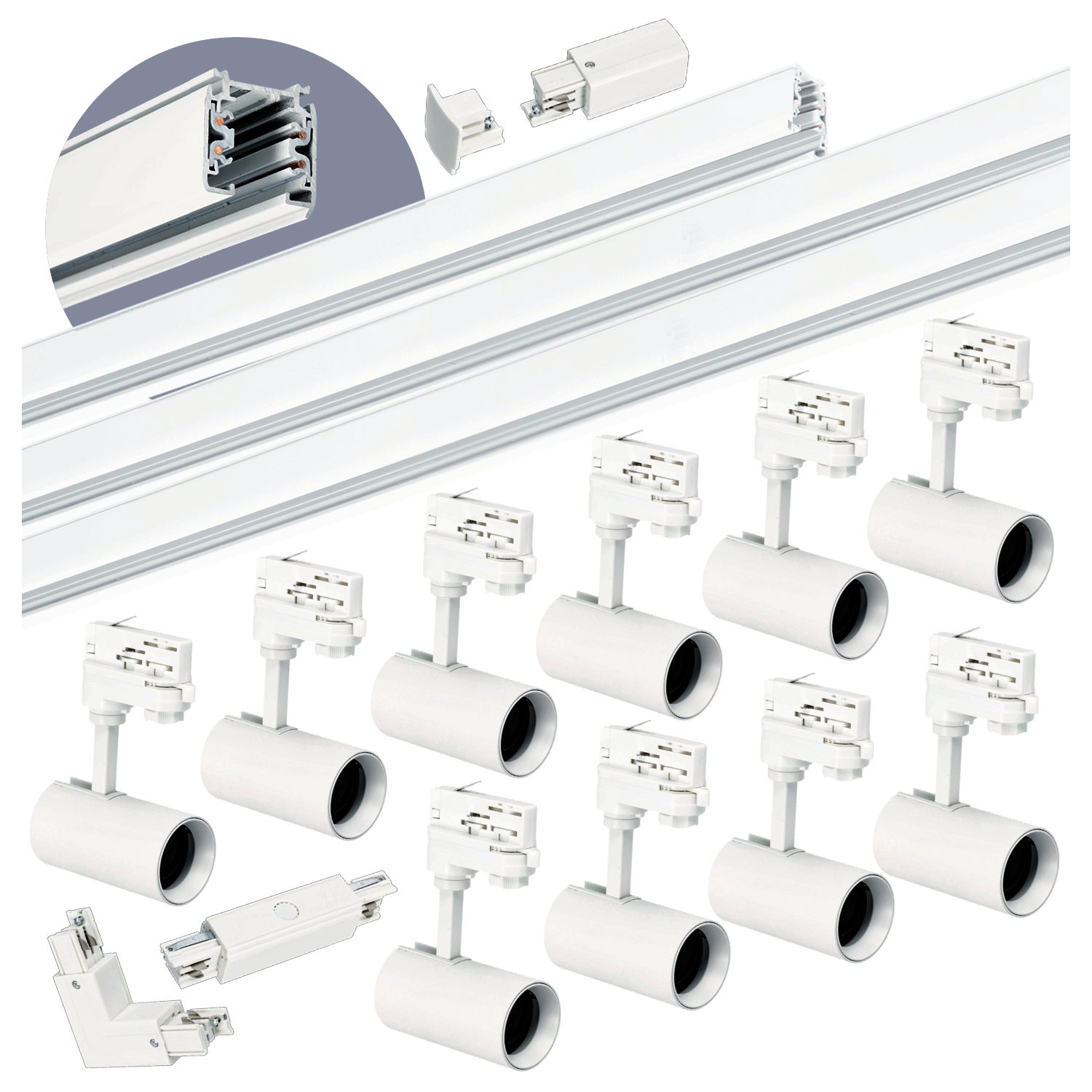 Zestaw szynowy 3-fazowy Kobi 1m+2m+2m, 10x Lampa, łącznik I + L biały 1kpl.