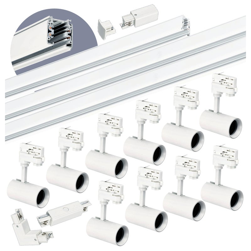 Zestaw szynowy 3-fazowy Kobi 1m+2m+2m, 10x Lampa, łącznik I + L biały 1kpl.