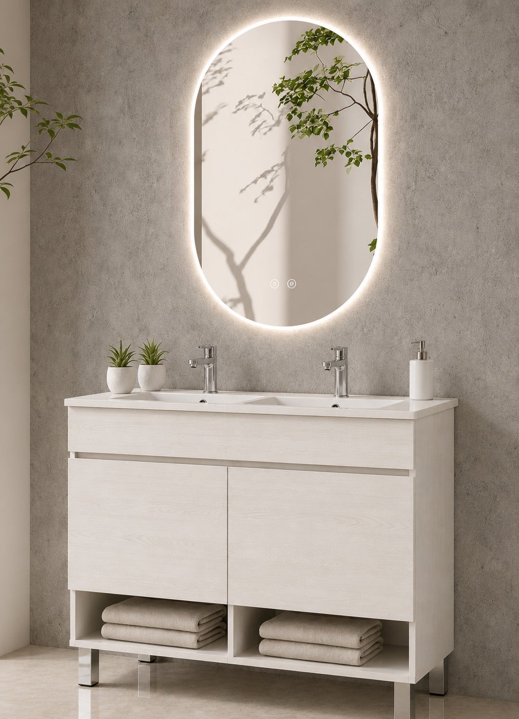 Szafka łazienkowa na nóżkach z umywalką ORIGENBATH NEBARI na nóżkach z drzwiami 120x45 cm podwójna umywalka biały nordycki