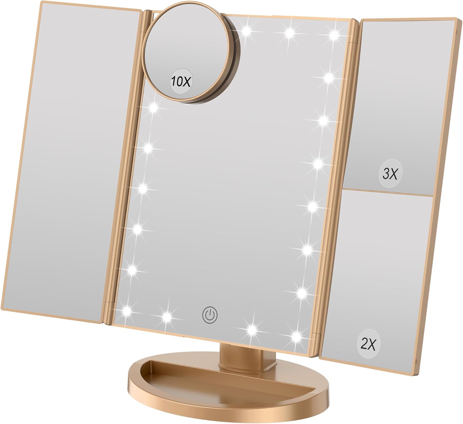 Lustro do makijażu z regulowaną jasnością, 22 diodami LED i powiększeniem 1X/2X/3X, z podwójnym trybem zasilania (szampanowe złoto)