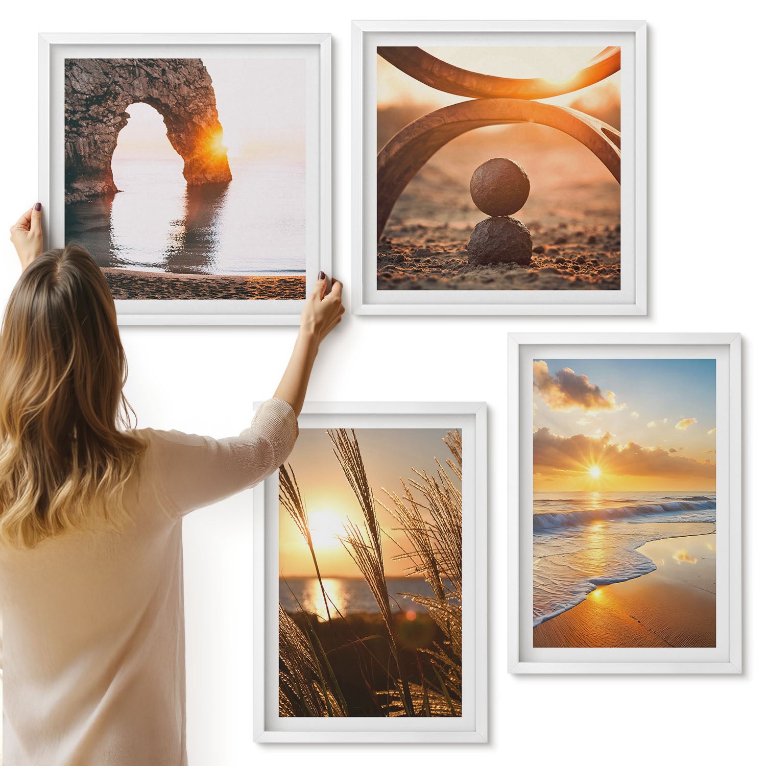 Galeria ścienna 4-częściowy komplet obrazów w białych ramach - Spokojne pejzaże zachód słońca na plaży - ArtPrintCave