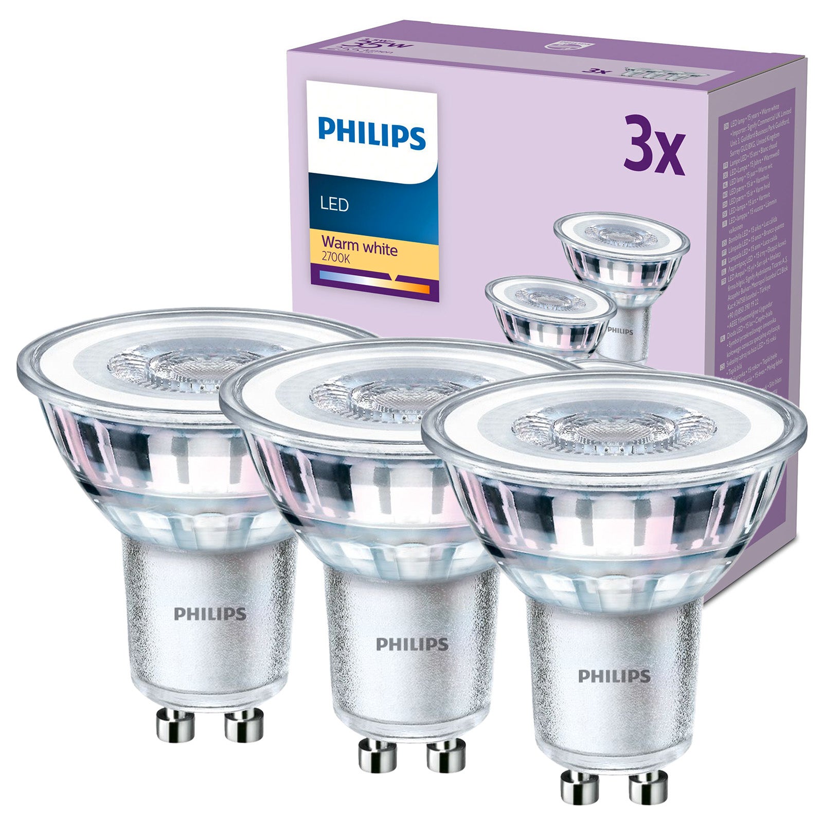 3x Żarówka LED GU10 Reflektor PAR16 3.5 W = 35 W 255lm 2700K Ciepła biel 36st. EC Multipack Philips