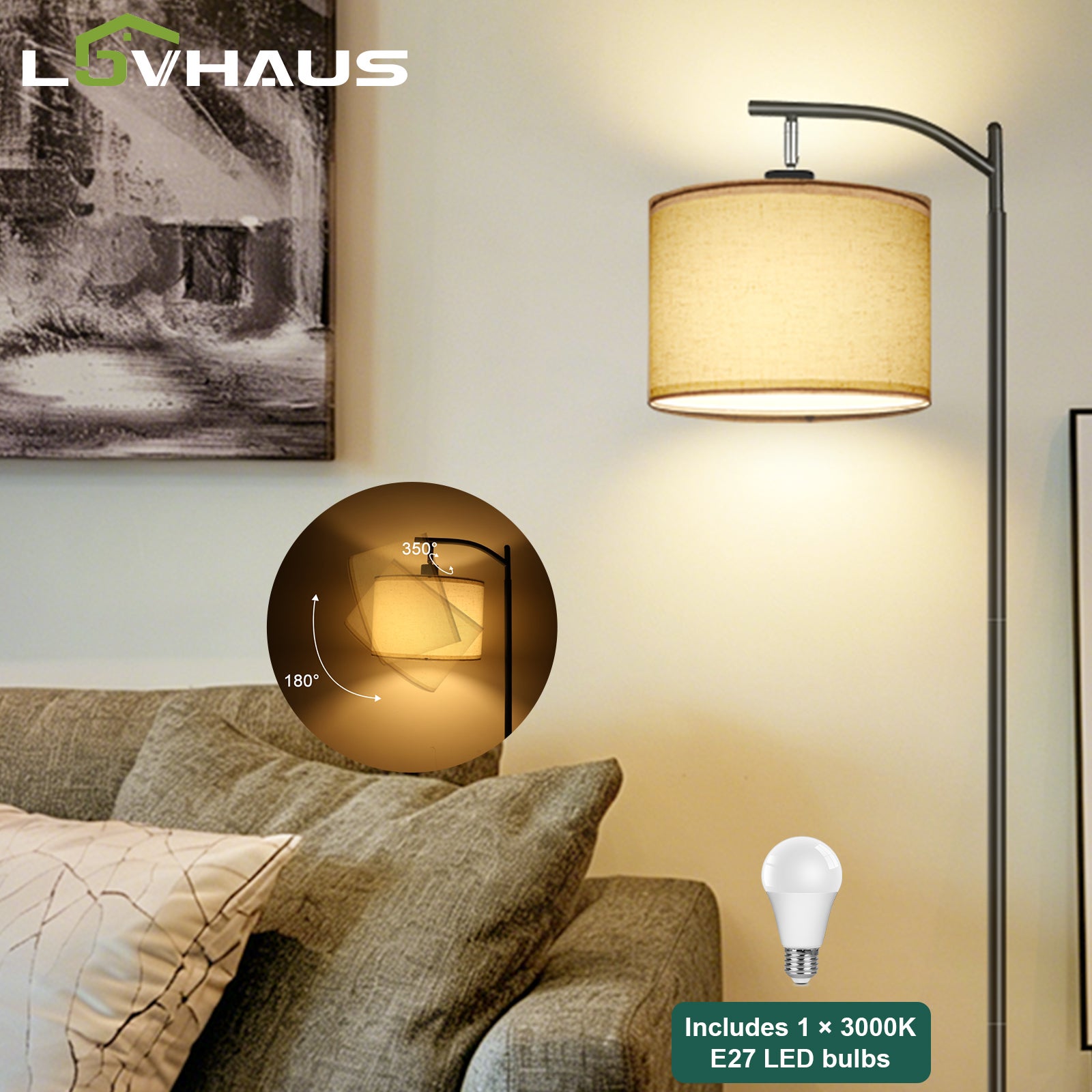 Lampa stojąca LED 170 cm czarna, lampa salon sypialnia biuro, lampa do czytania, abażur z lnu beżowy, LED E27, LOVHAUS