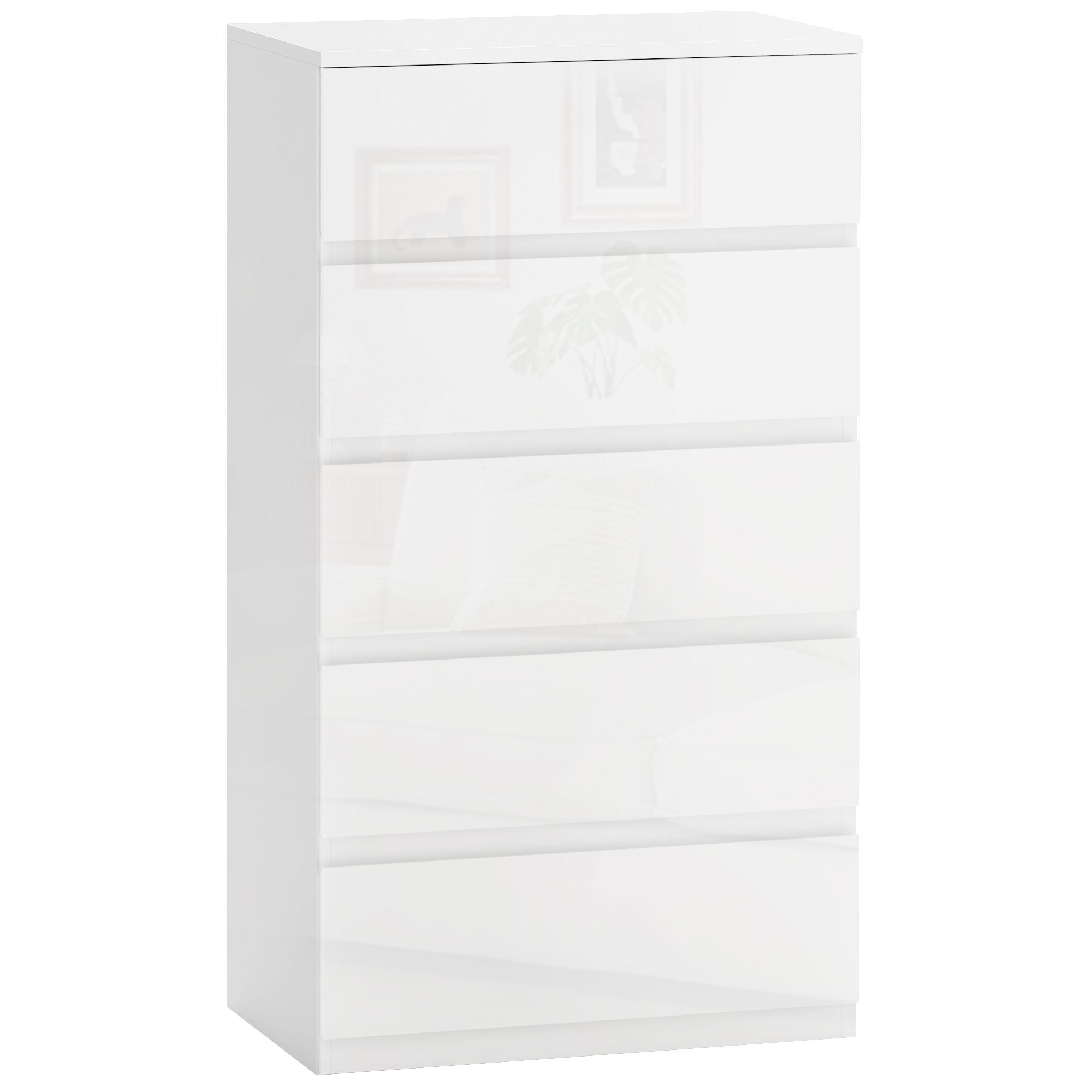 Nowoczesna komoda z 5 szufladami z drewna, zabezpieczona przed przewróceniem, 55x33x100 cm, połyskująca biel