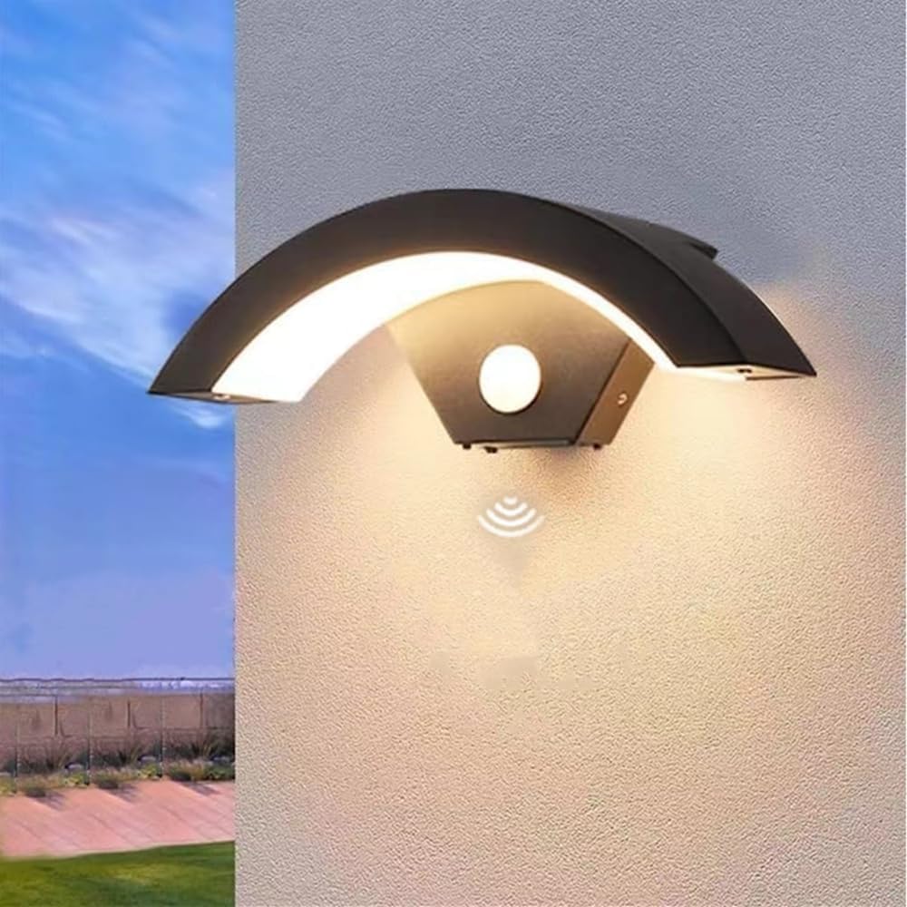 Zewnętrzna lampa ścienna z czujnikiem ruchu, oświetlenie LED, lampa ścienna na werandę lub patio, wodoodporna IP65, 3000K, 18W, aluminiowa, czarna