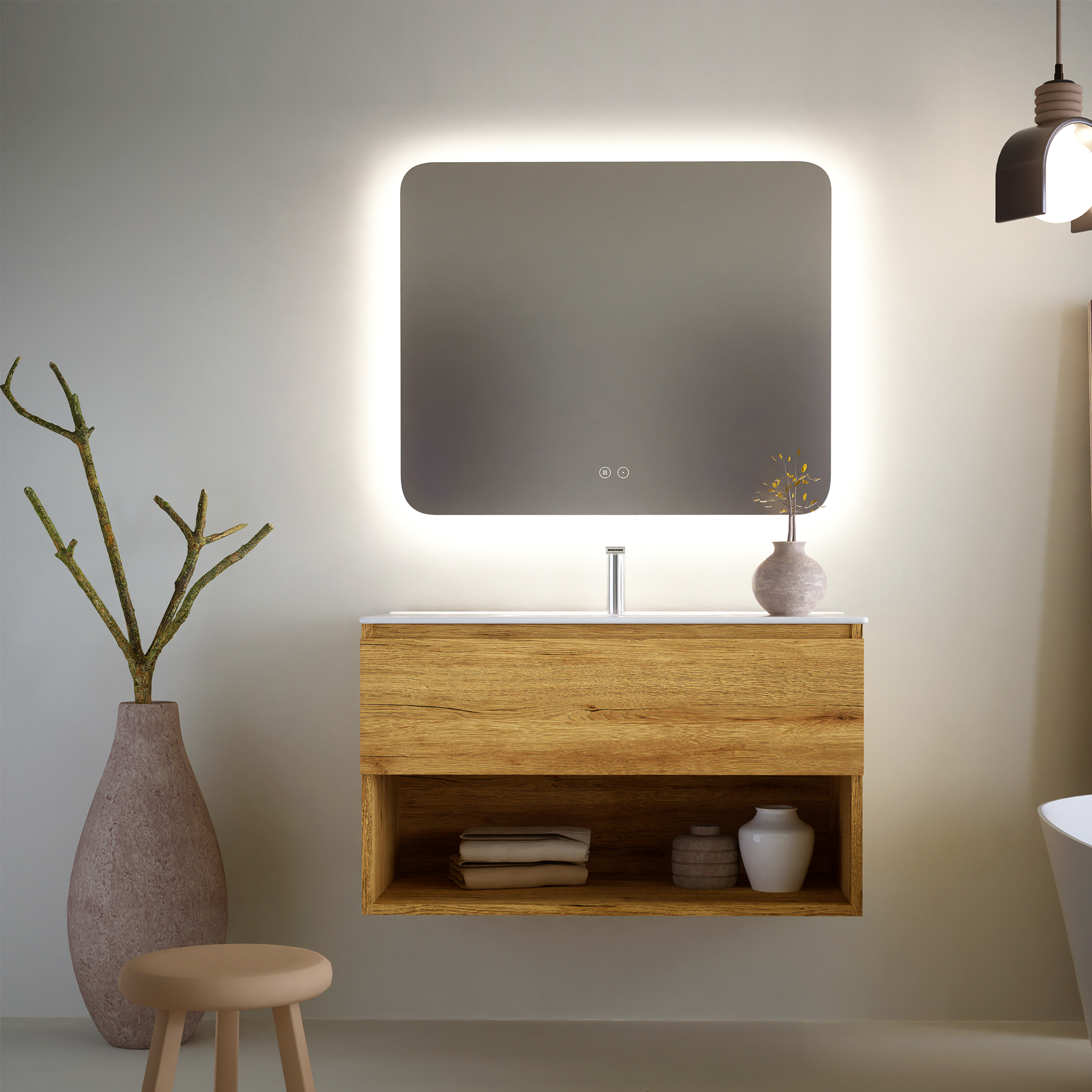 Feel Your Bath Meble łazienkowe PUMA 100 cm, efekt drewna, 1 szuflada + dekor, biała umywalka ceramiczna, prostokątne lustro LED przeciwmgielne