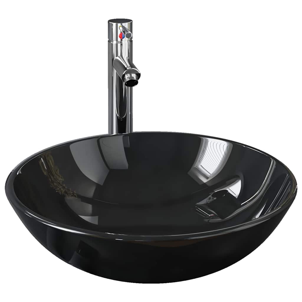 Umywalka Nablatowa ze Szkła Hartowanego Okrągła Czarno-Srebrna 42 cm