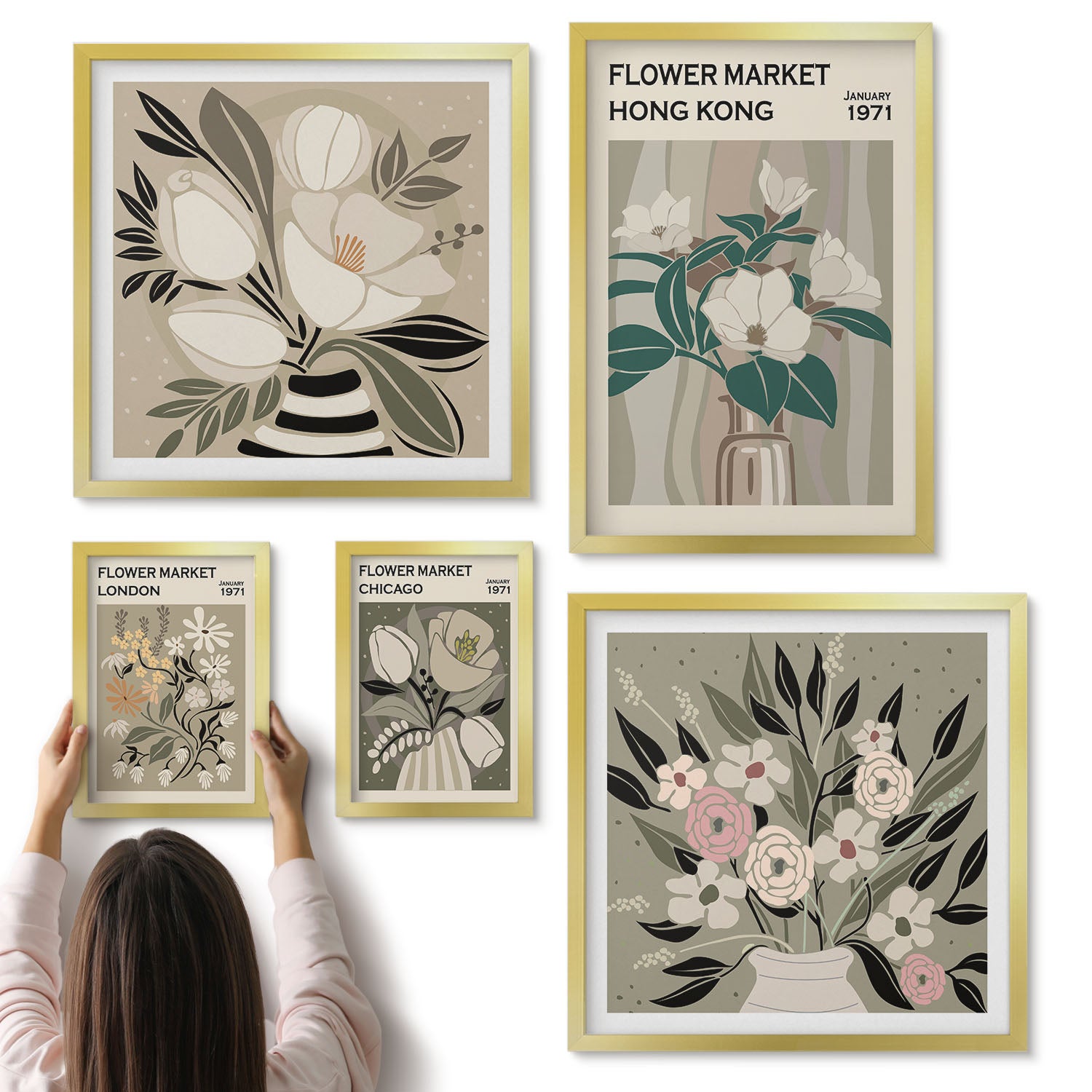 Galeria ścienna 5-częściowy komplet obrazów w złotych ramach - Kwiatowe targi z różnych miast styl retro i vintage - ArtPrintCave