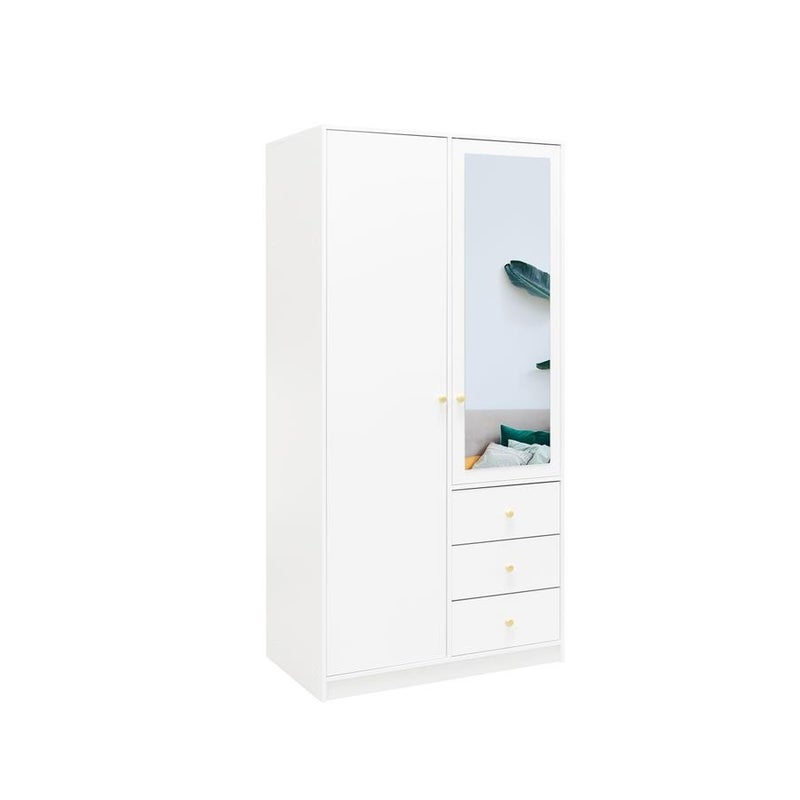 Biała szafa dwudrzwiowa RAINBOW 100 cm z lustrem i złotymi uchwytami – elegancja i funkcjonalność do sypialni