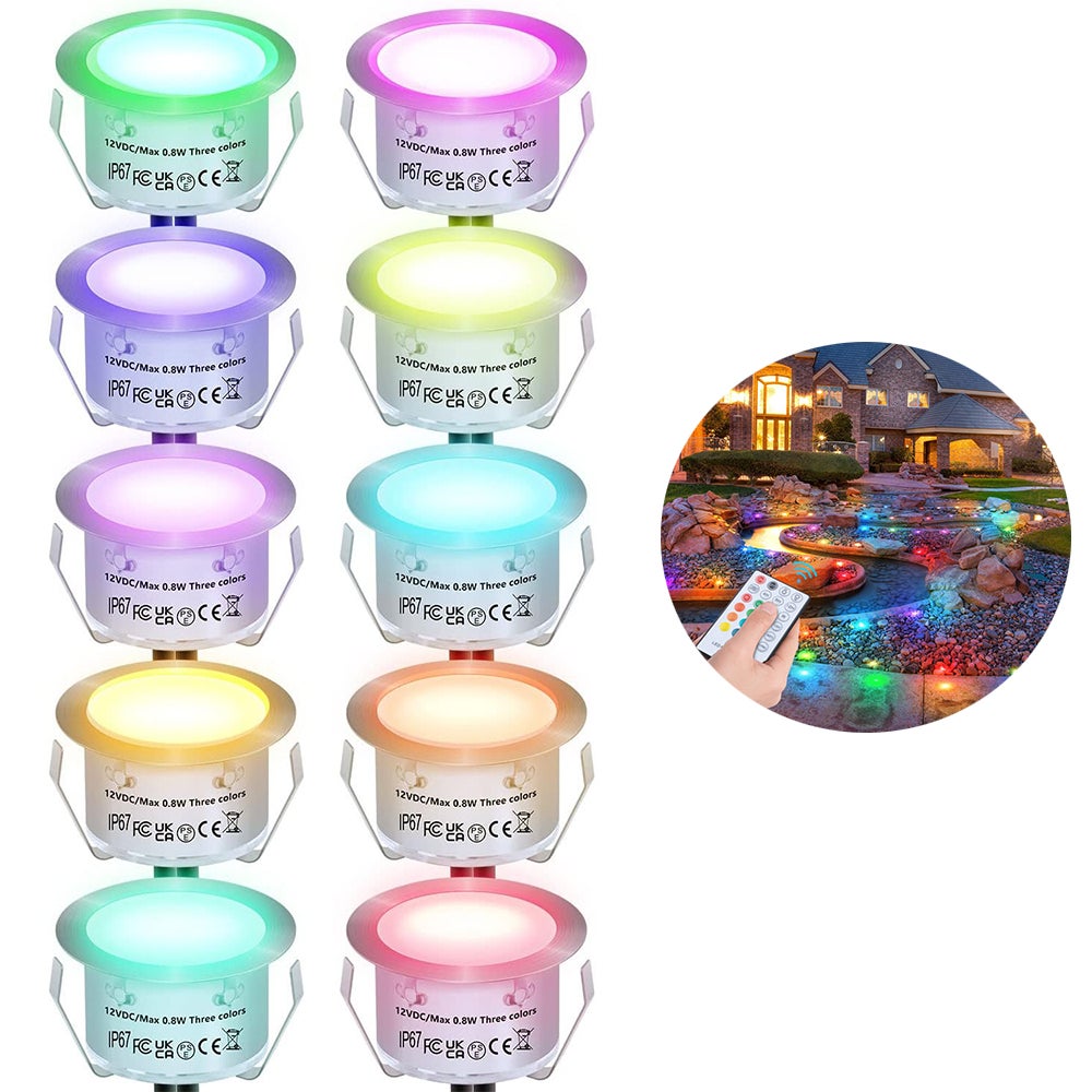 Zestaw 10 wpuszczanych, niskonapięciowych lamp LED RGB φ42 mm z pilotem, wodoodporny IP67, zestaw oświetlenia tarasowego LED 12 V