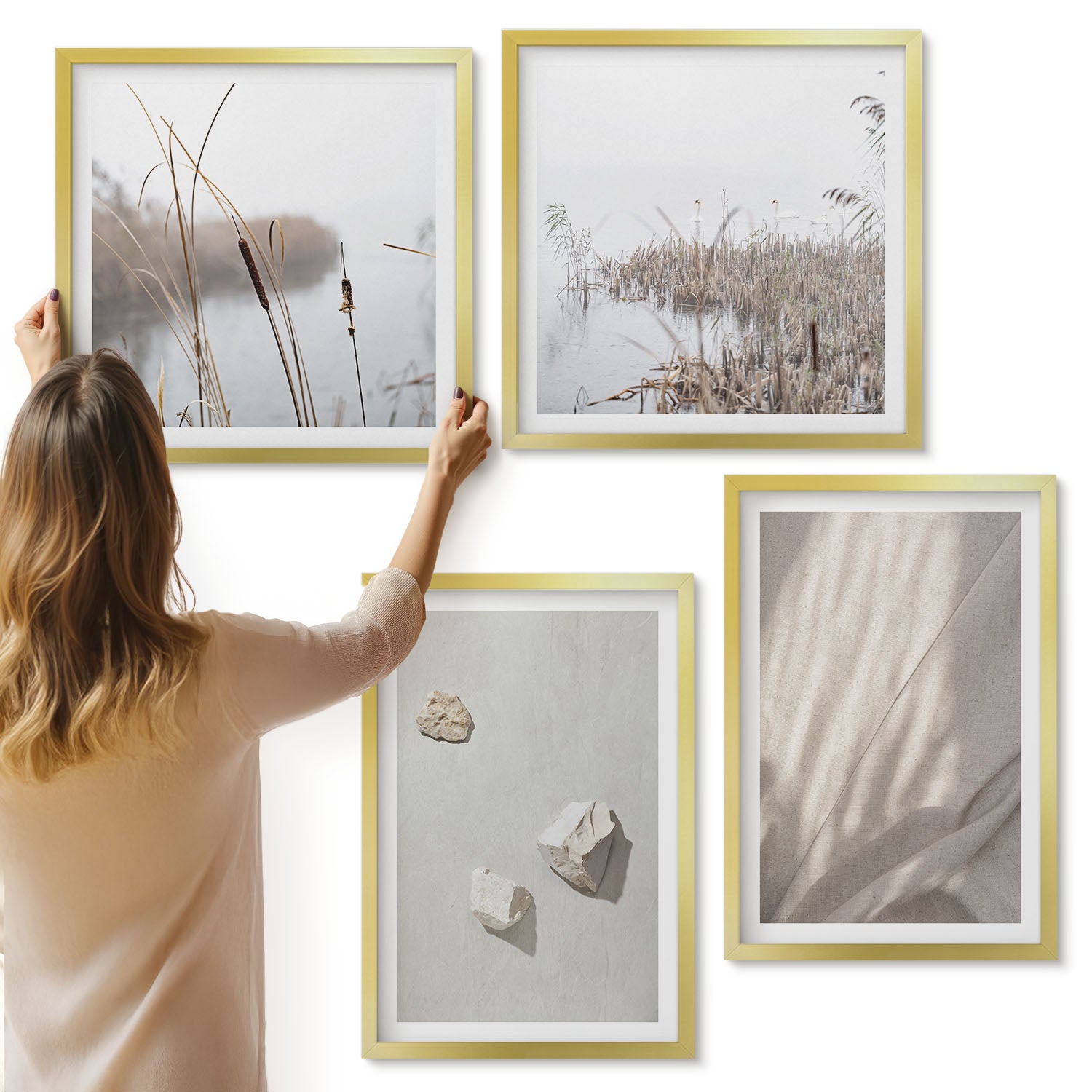 Galeria ścienna 4-częściowy komplet obrazów w złotych ramach - Zbliżenia na struktury styl boho nowoczesny - ArtPrintCave