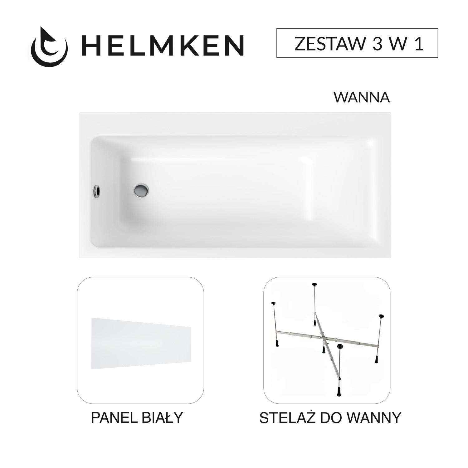 Wanna akrylowa Helmken Seraphina 170x80 LEWA + Panel Biały + Stelaż uniwersalny do wanien Helmken 21230020 / 3512170L-3S