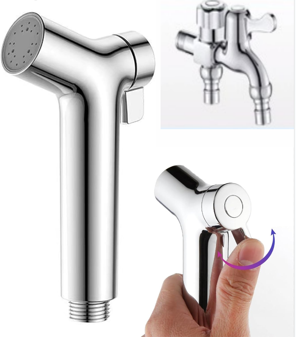 Ręczny bidet, pistolet z regulowanym ciśnieniem + uchwyt + elastyczny wąż o długości 1,5 metra + kran ze miedzi