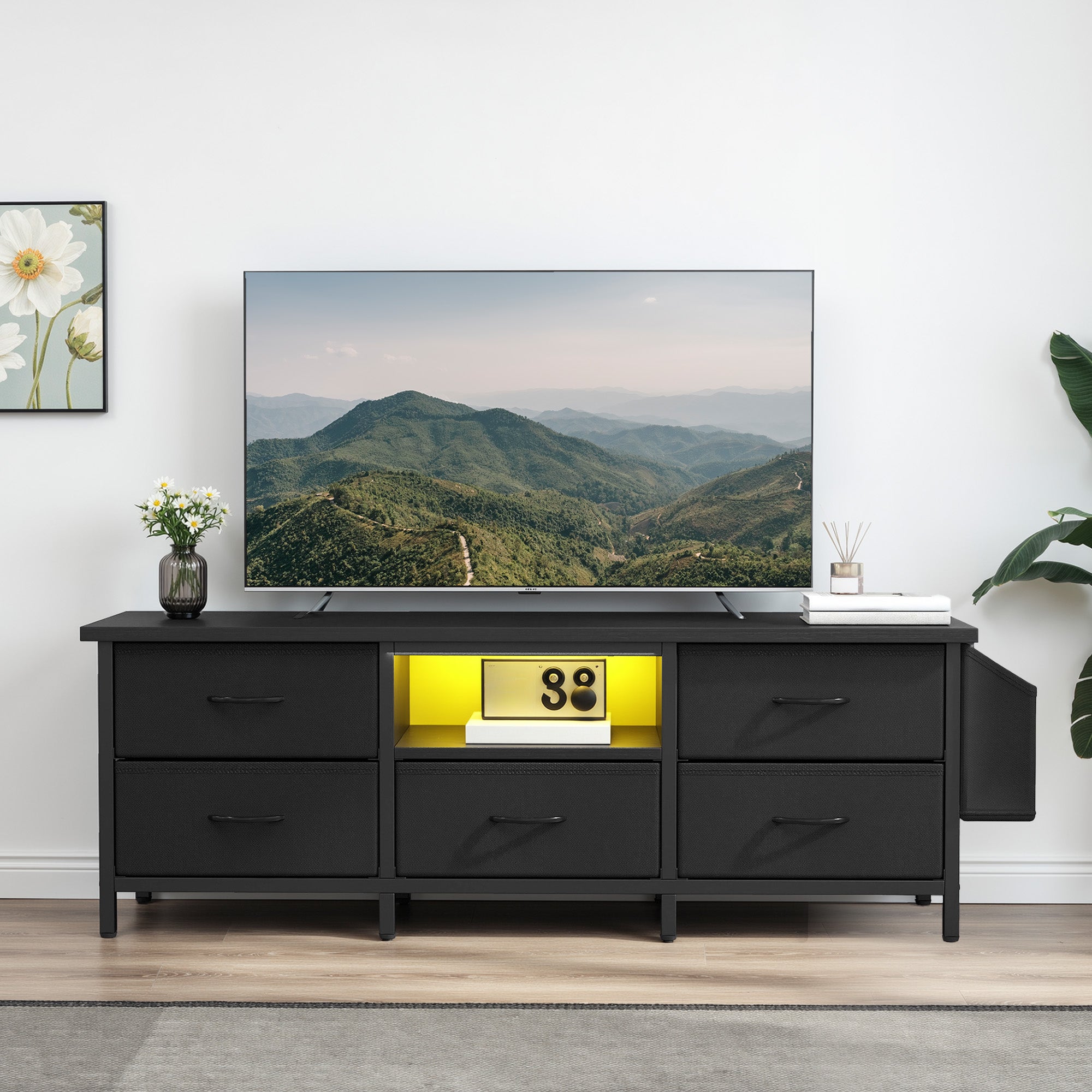 Szafka RTV YITAHOME do salonu, 5 składanych szuflad, półki, oświetlenie RGB LED, 145x35x50 cm, czarna