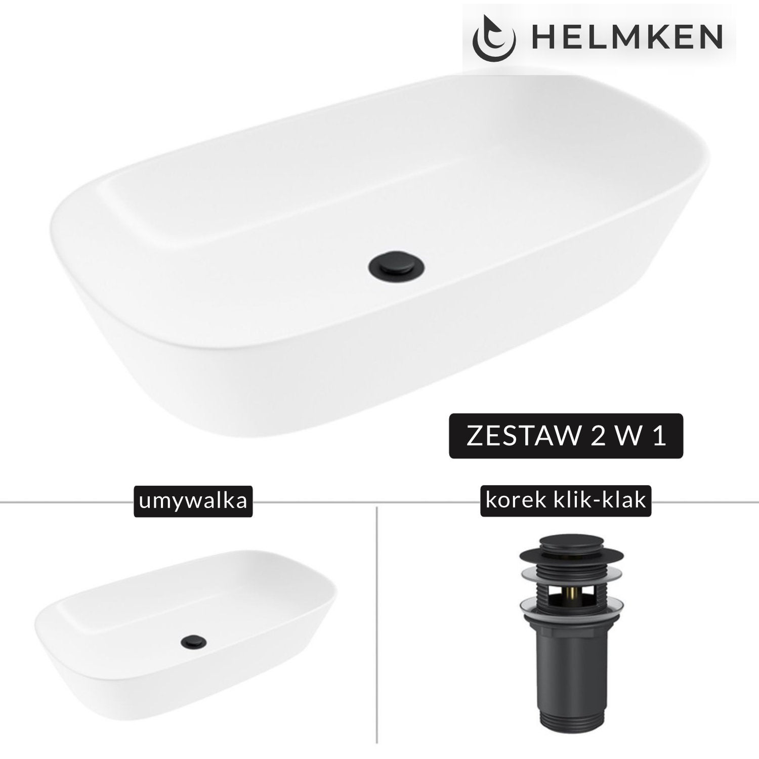 Umywalka nablatowa Helmken 39370000 (70x38) Biała + Korek klik-klak Czarny Mat