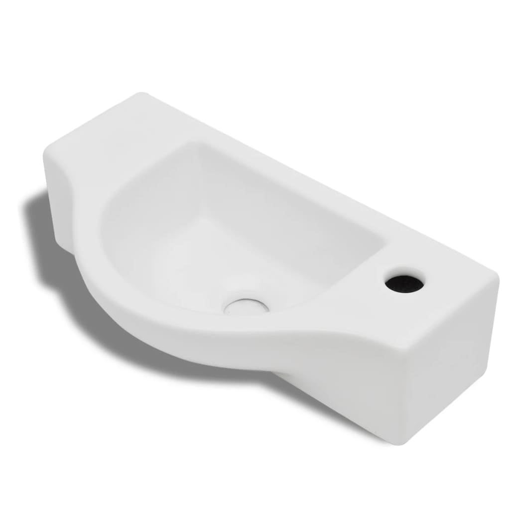 Biała ceramiczna umywalka ścienna z otworem na baterię i odpływem, nowoczesny design 450x250x120 mm