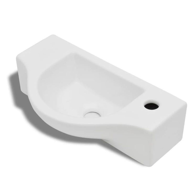 Biała ceramiczna umywalka ścienna z otworem na baterię i odpływem, nowoczesny design 450x250x120 mm