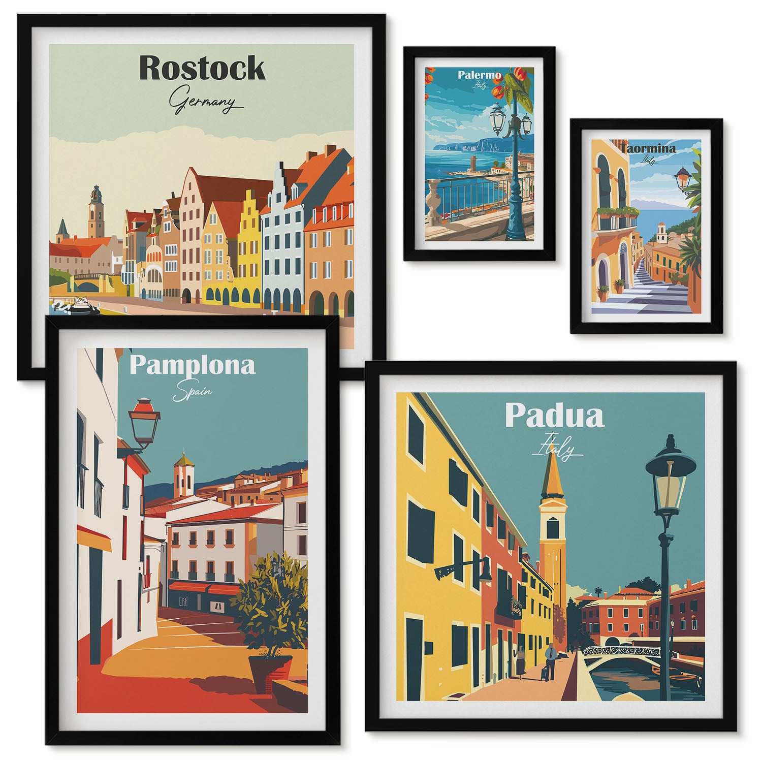 Zestaw obrazów w ramie - 5 części | Europejskie miasta malownicze widoki i architektura | Czarna ramka