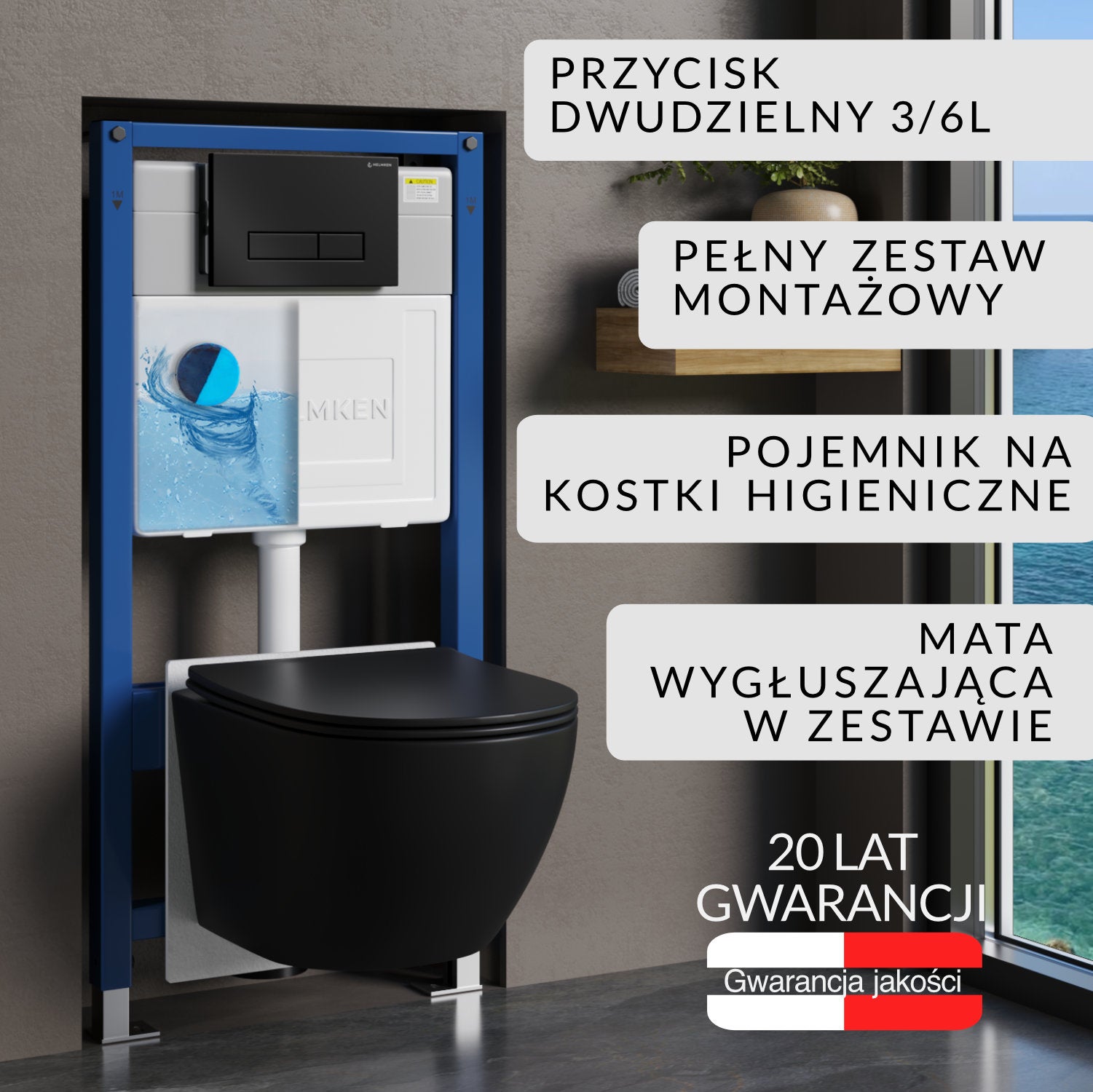Zestaw podtynkowy WC Helmken 6w1: Stelaż, Czarny Mat Przycisk HD, Miska bezkołnierzowa (Matowa Czarna), Deska wolnoopadająca, Pojemnik na kostki, Mata