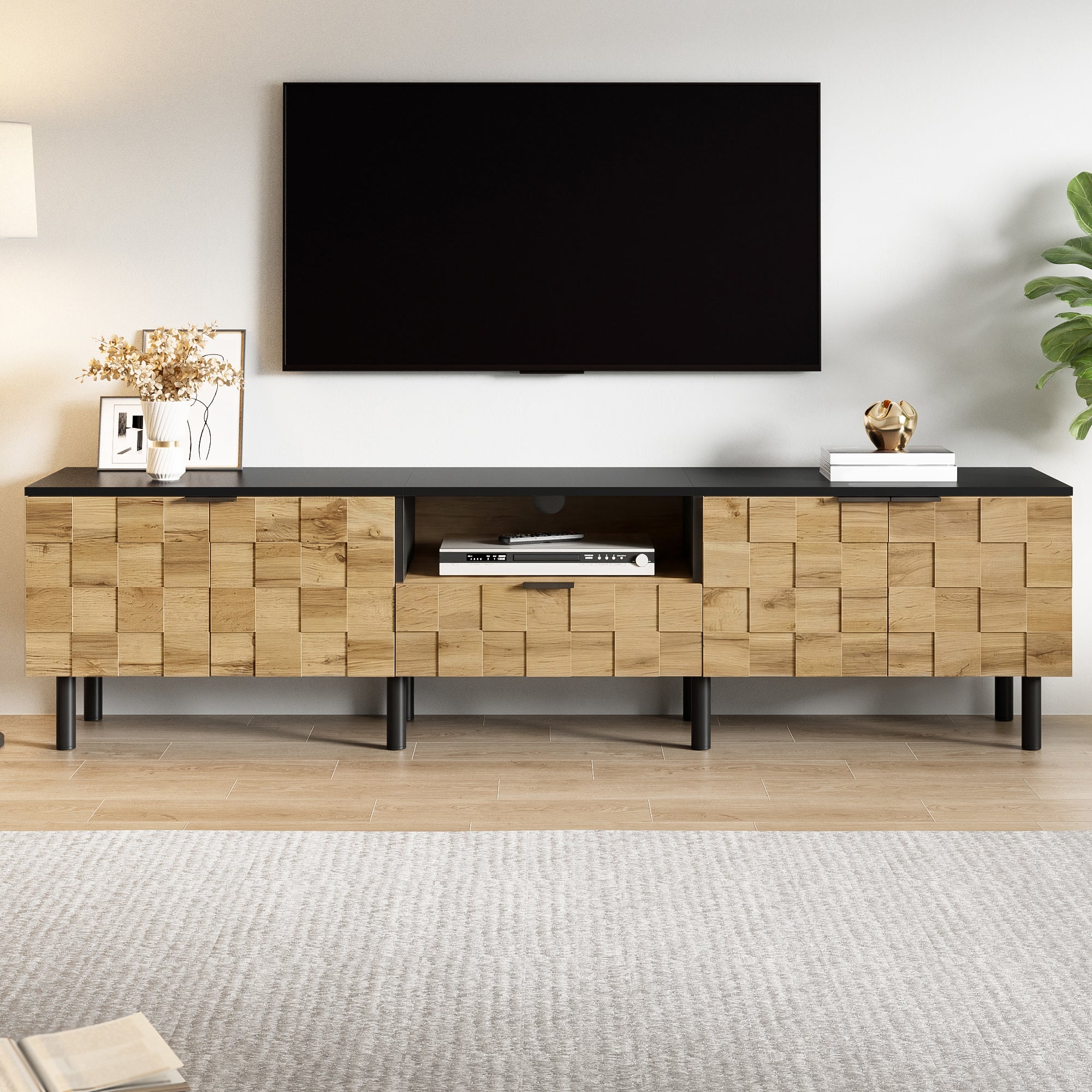 Stojak pod TV mozaikowy 170x35x44,5 cm - 2 drzwi i 1 szuflada - Wygląd drewna - Nogi metalowe - Otwarte półki - Kolor naturalny