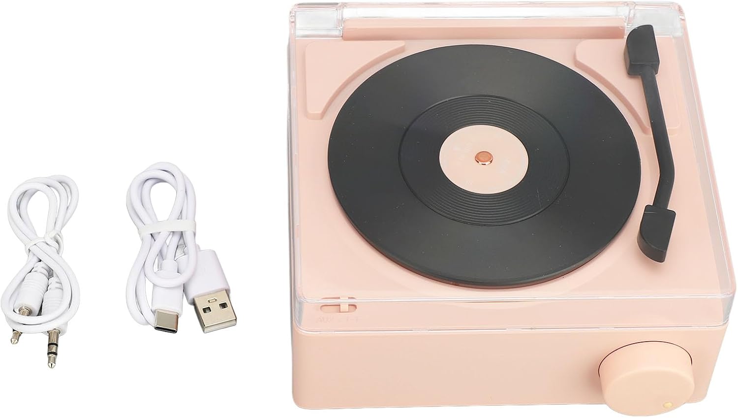 Budzik w kształcie gramofonu z głośnikiem Bluetooth 5.0, ulepszonym dźwiękiem, złączem audio i możliwością włożenia karty pamięci (różowy)